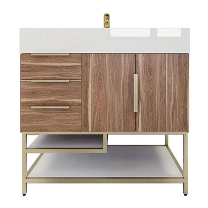 Elara 36&quot; White Oak Freestanding Vanity With Left Side Drawers and Single Reinforced White Acrylic Sink