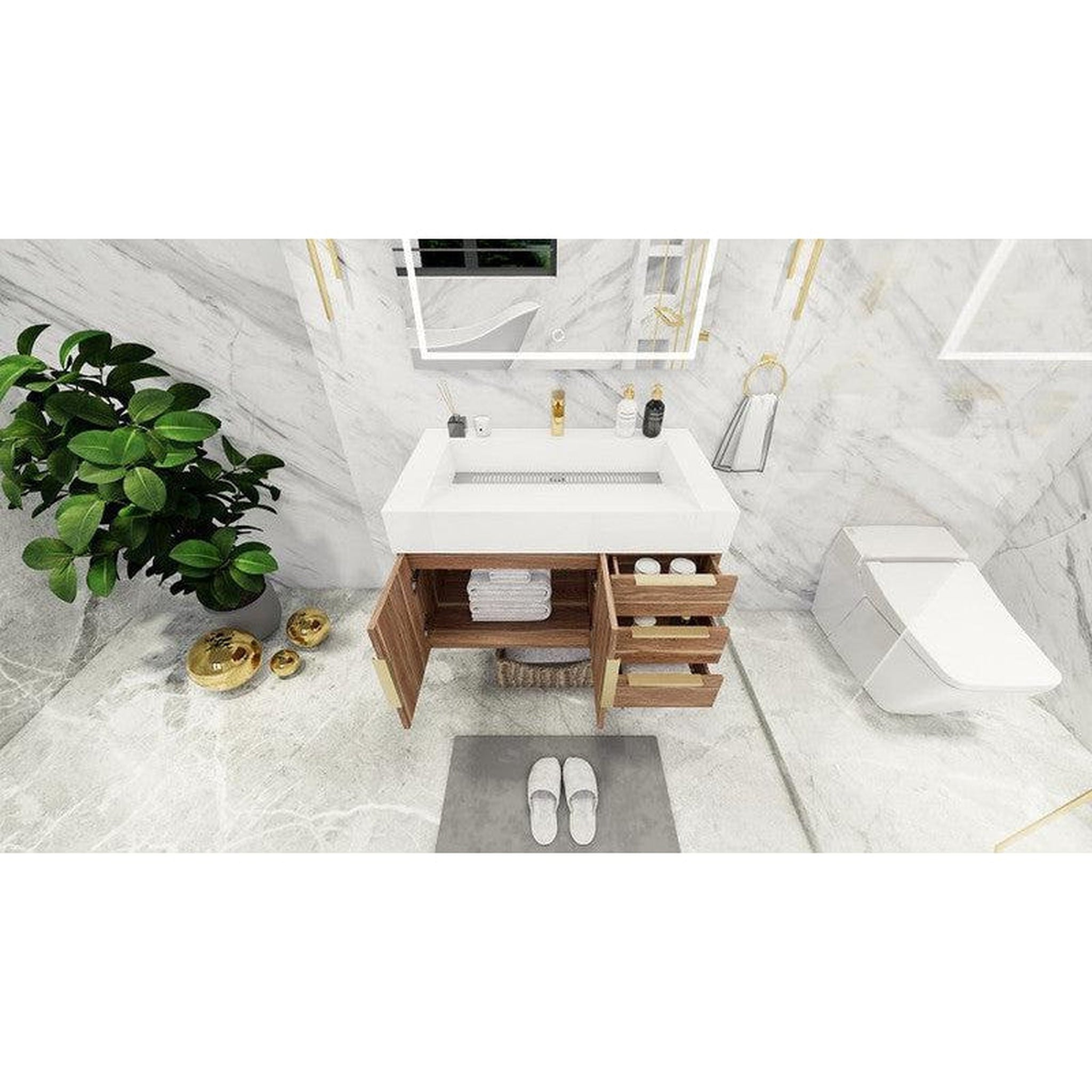 Elara 36&quot; White Oak Wall-Mounted Vanity With Right Side Drawers and Single Reinforced White Acrylic Sink