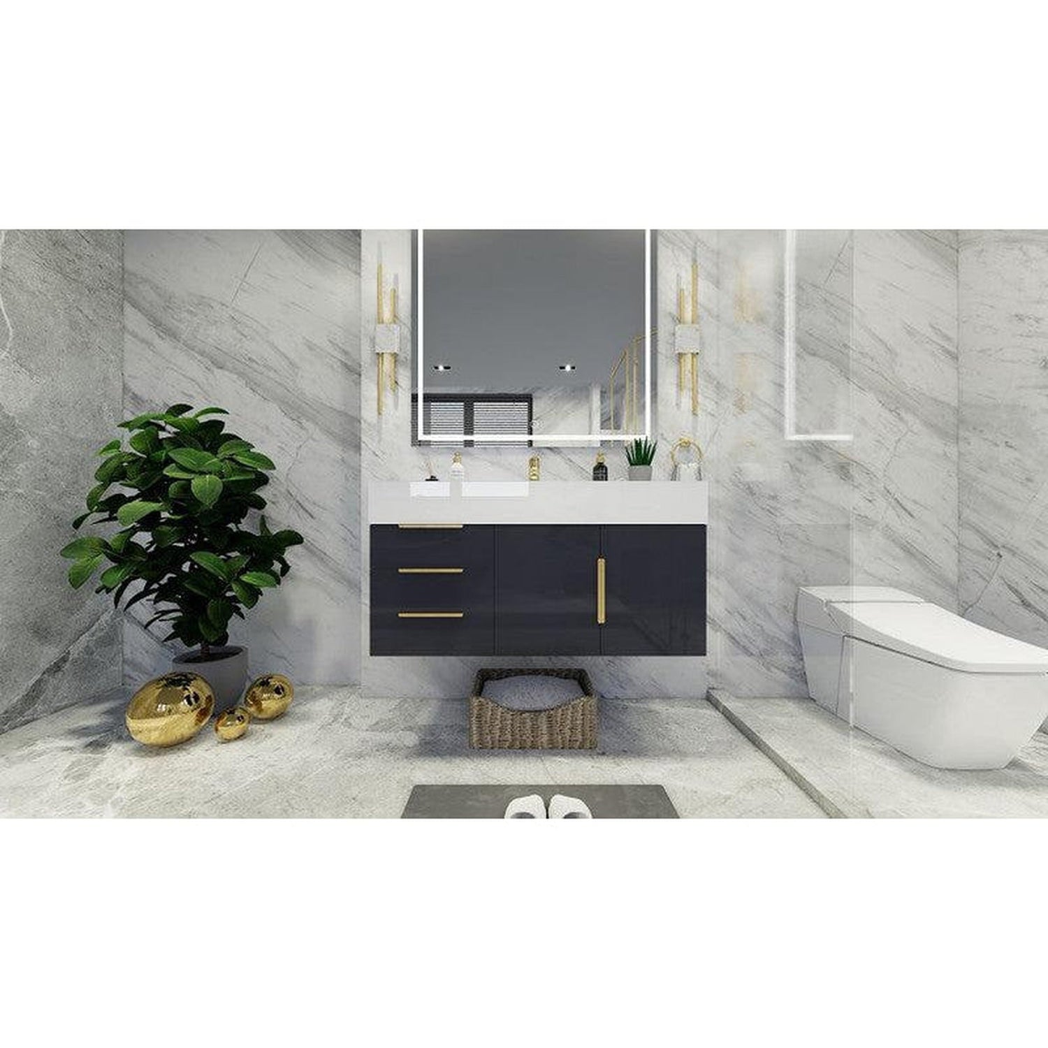 Elara 42&quot; High Gloss Gray Wall-Mounted Vanity With Left Side Drawers and Single Reinforced White Acrylic Sink