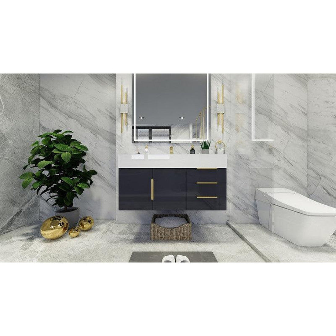 Elara 42&quot; High Gloss Gray Wall-Mounted Vanity With Right Side Drawers and Single Reinforced White Acrylic Sink