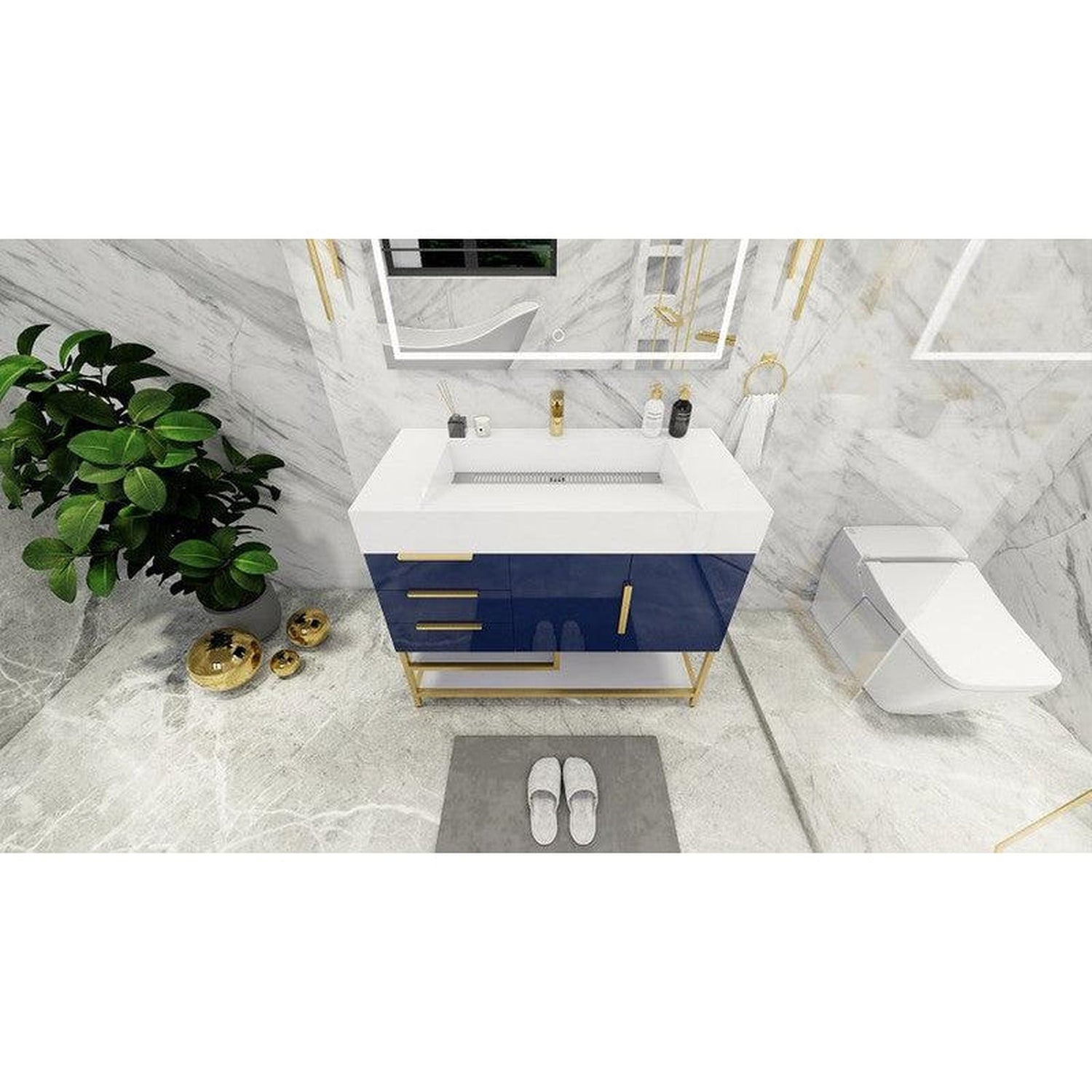 Elara 42&quot; High Gloss Night Blue Freestanding Vanity With Left Side Drawers and Single Reinforced White Acrylic Sink