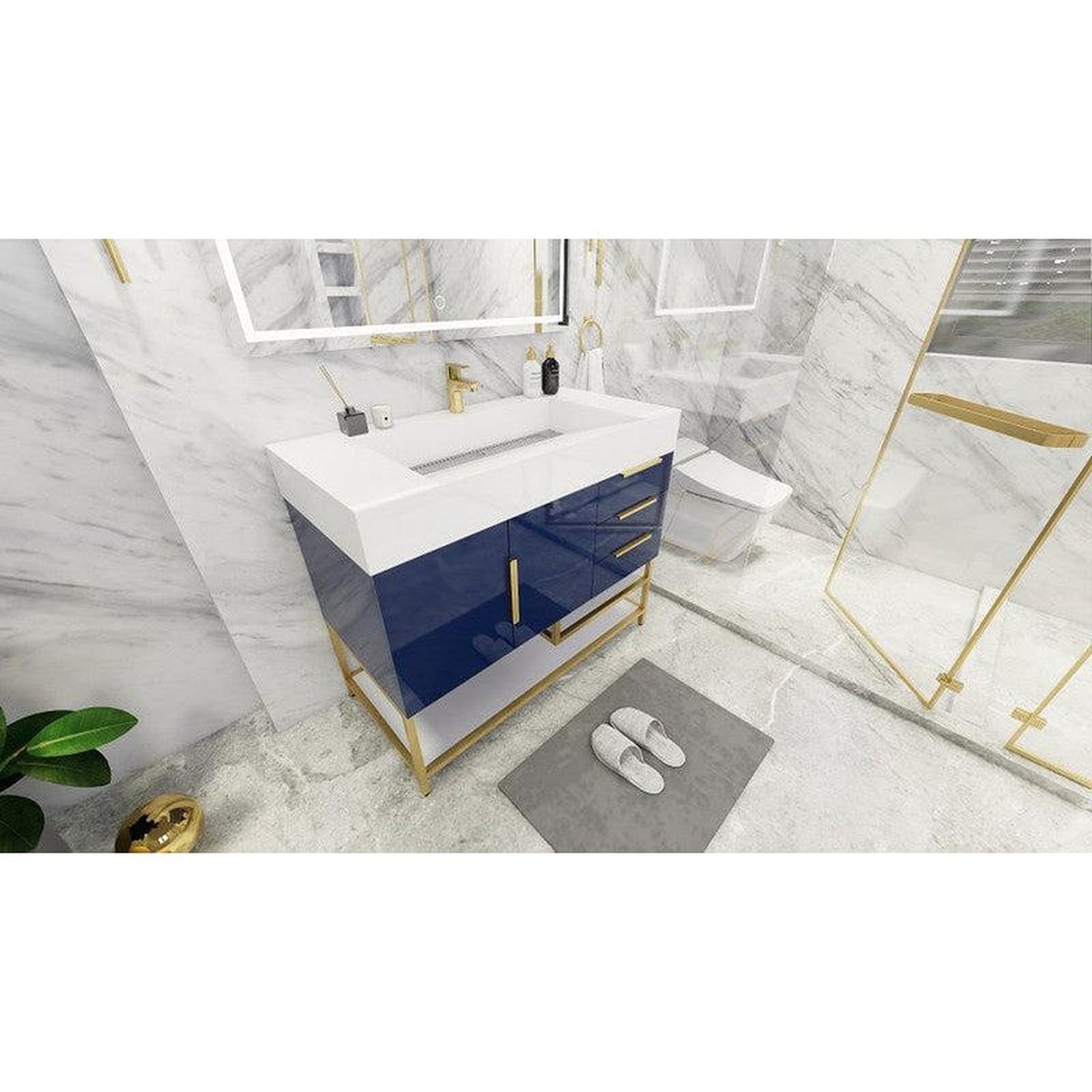 Elara 42&quot; High Gloss Night Blue Freestanding Vanity With Right Side Drawers and Single Reinforced White Acrylic Sink