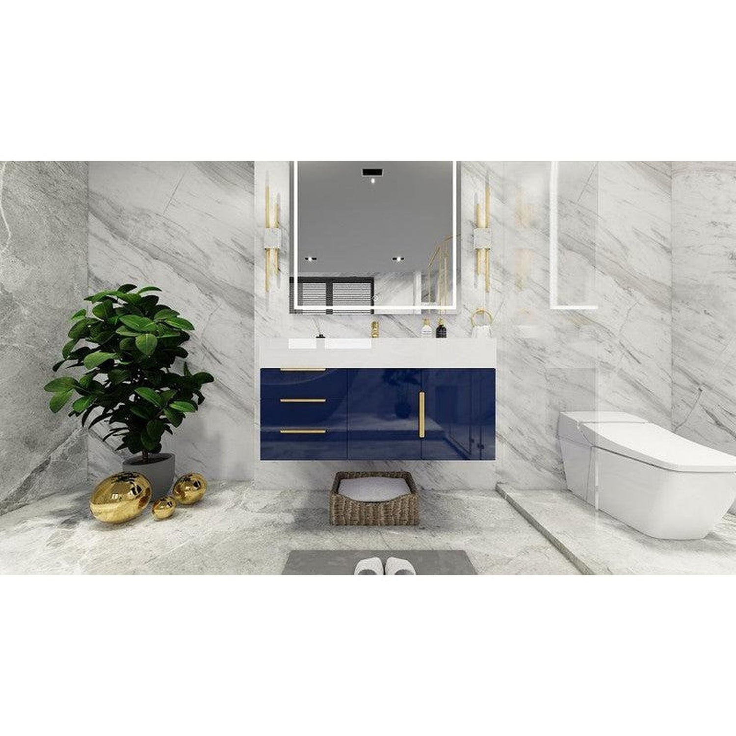 Elara 42&quot; High Gloss Night Blue Wall-Mounted Vanity With Left Side Drawers and Single Reinforced White Acrylic Sink