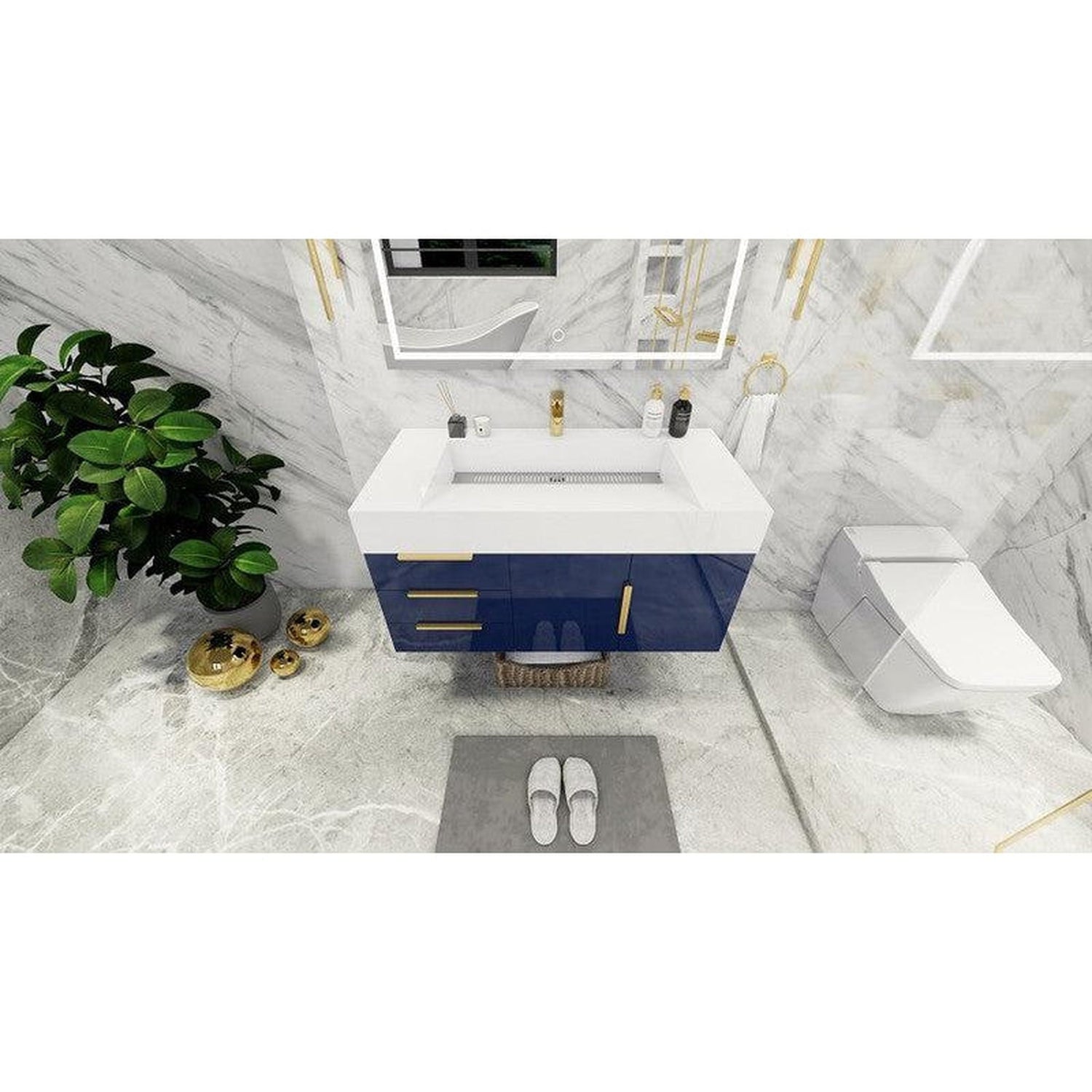 Elara 42&quot; High Gloss Night Blue Wall-Mounted Vanity With Left Side Drawers and Single Reinforced White Acrylic Sink