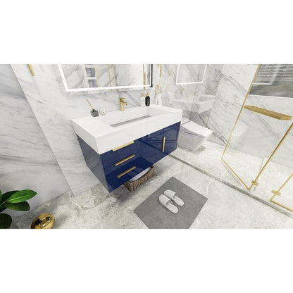 Elara 42&quot; High Gloss Night Blue Wall-Mounted Vanity With Left Side Drawers and Single Reinforced White Acrylic Sink