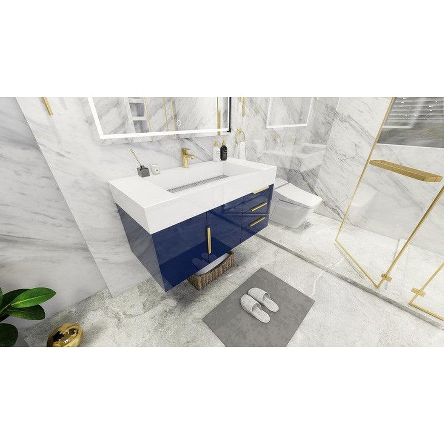 Elara 42&quot; High Gloss Night Blue Wall-Mounted Vanity With Right Side Drawers and Single Reinforced White Acrylic Sink