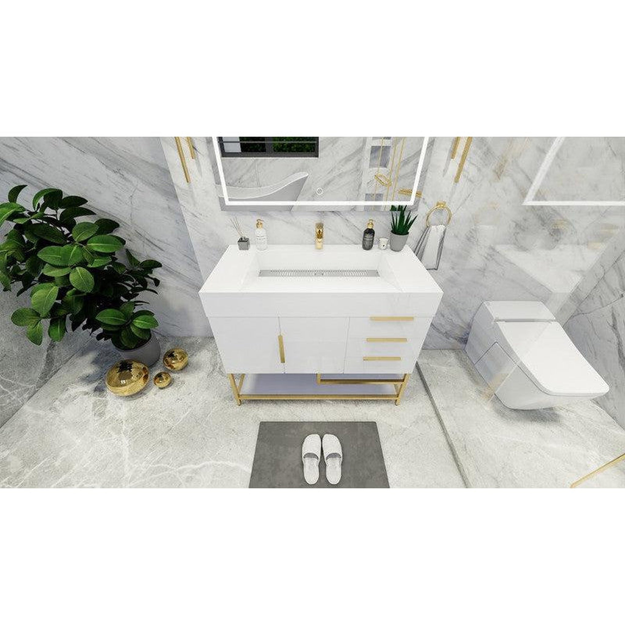 Elara 42&quot; High Gloss White Freestanding Vanity With Right Side Drawers and Single Reinforced White Acrylic Sink