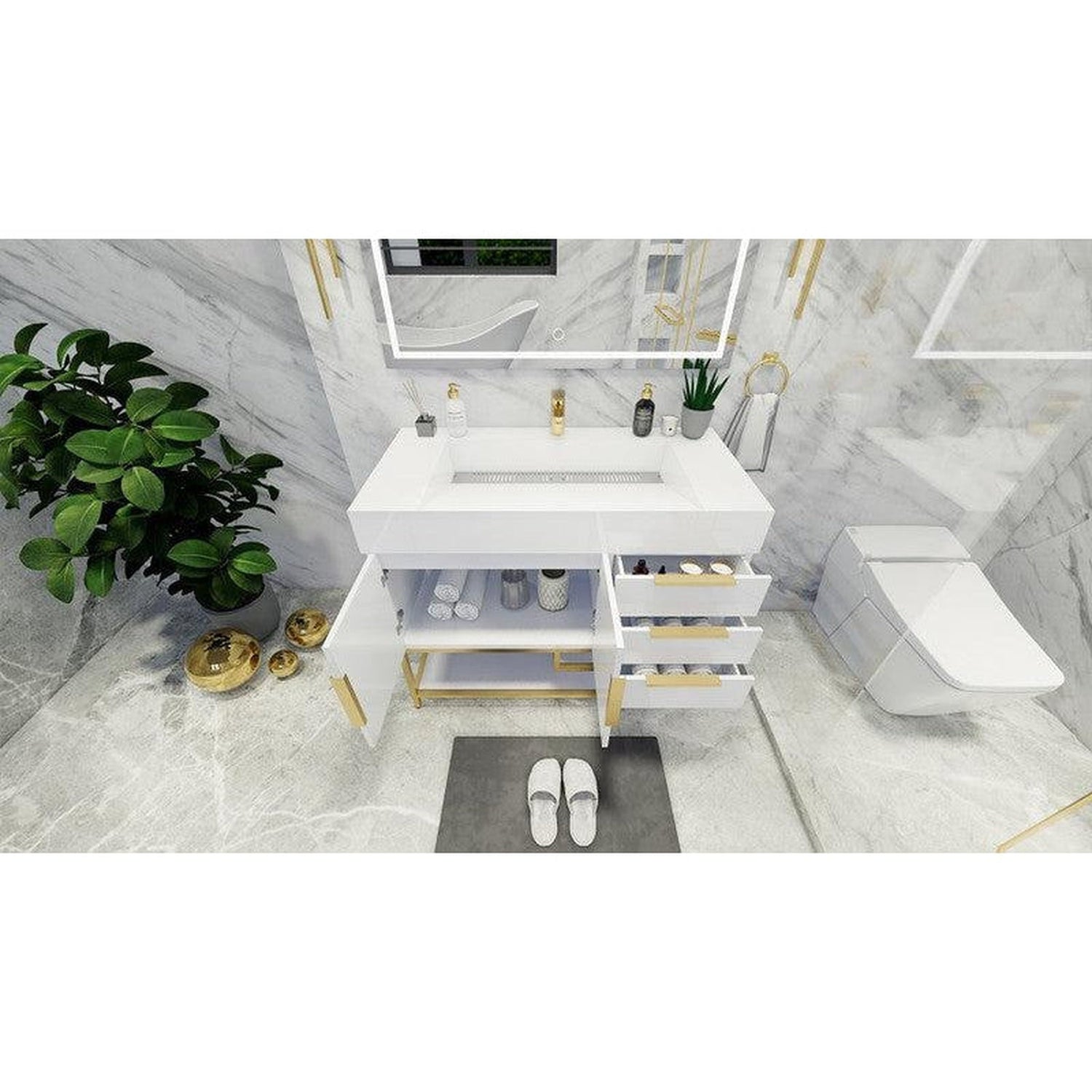 Elara 42&quot; High Gloss White Freestanding Vanity With Right Side Drawers and Single Reinforced White Acrylic Sink