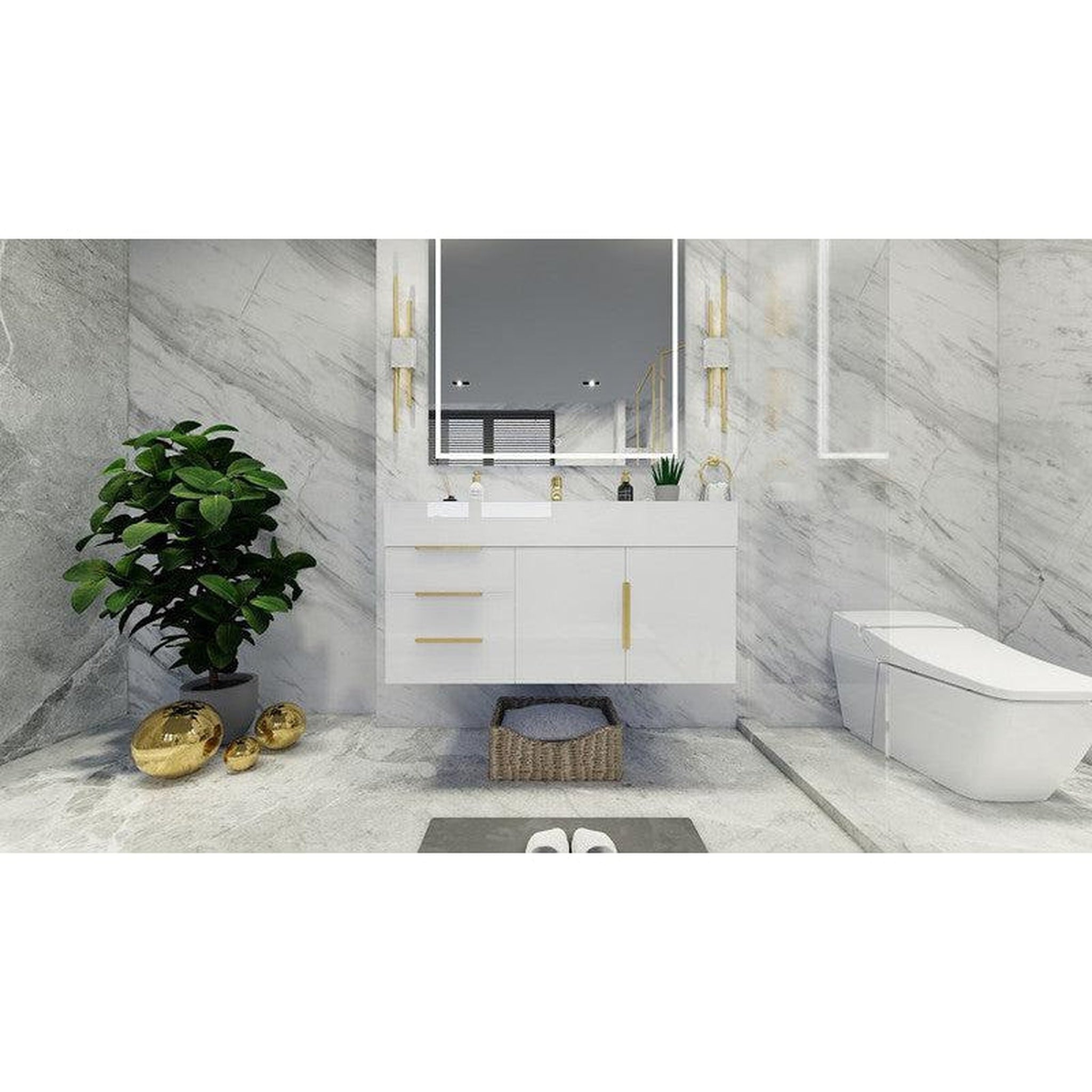 Elara 42&quot; High Gloss White Wall-Mounted Vanity With Left Side Drawers and Single Reinforced White Acrylic Sink