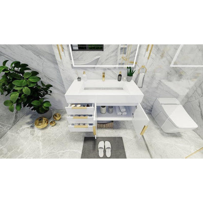 Elara 42&quot; High Gloss White Wall-Mounted Vanity With Left Side Drawers and Single Reinforced White Acrylic Sink