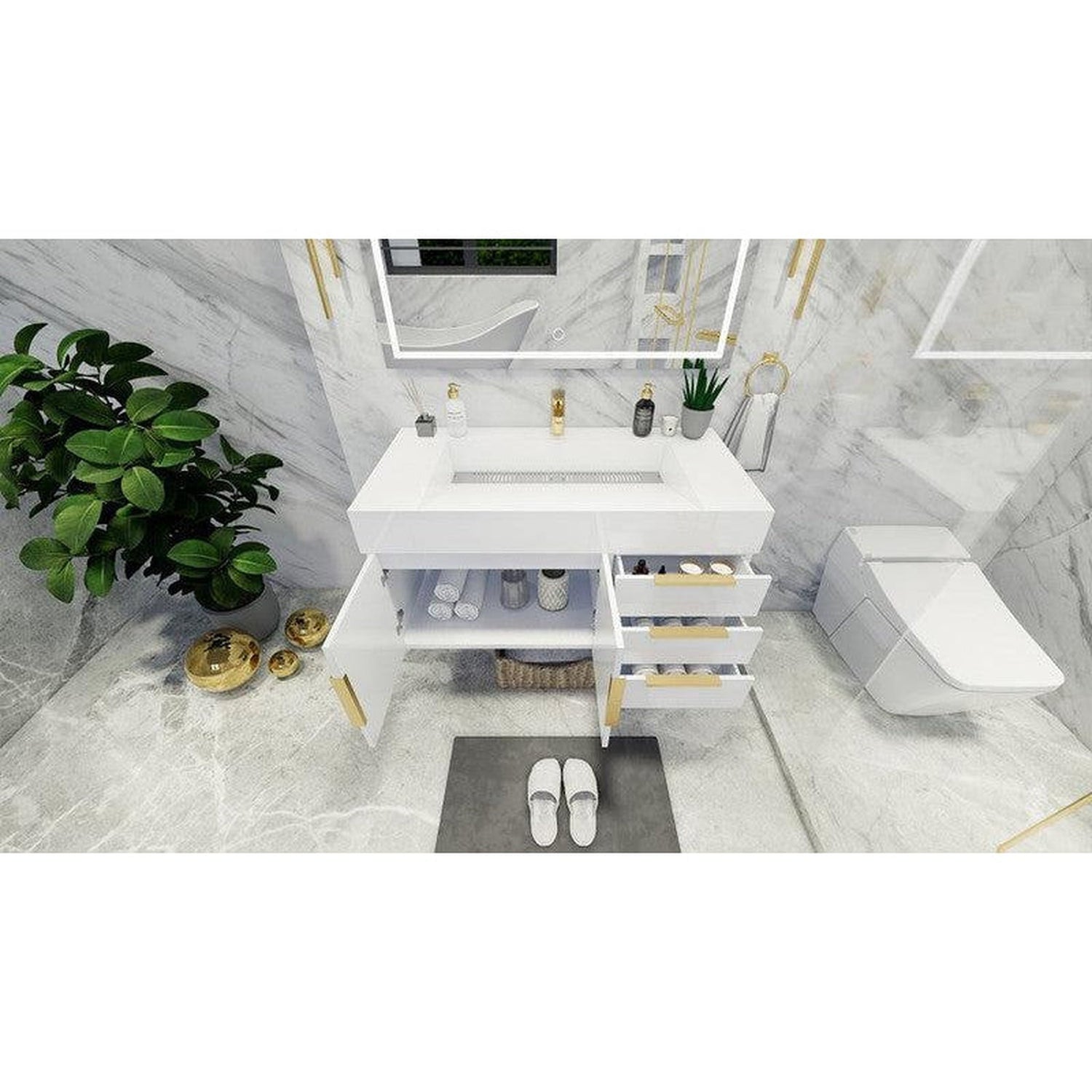 Elara 42&quot; High Gloss White Wall-Mounted Vanity With Right Side Drawers and Single Reinforced White Acrylic Sink