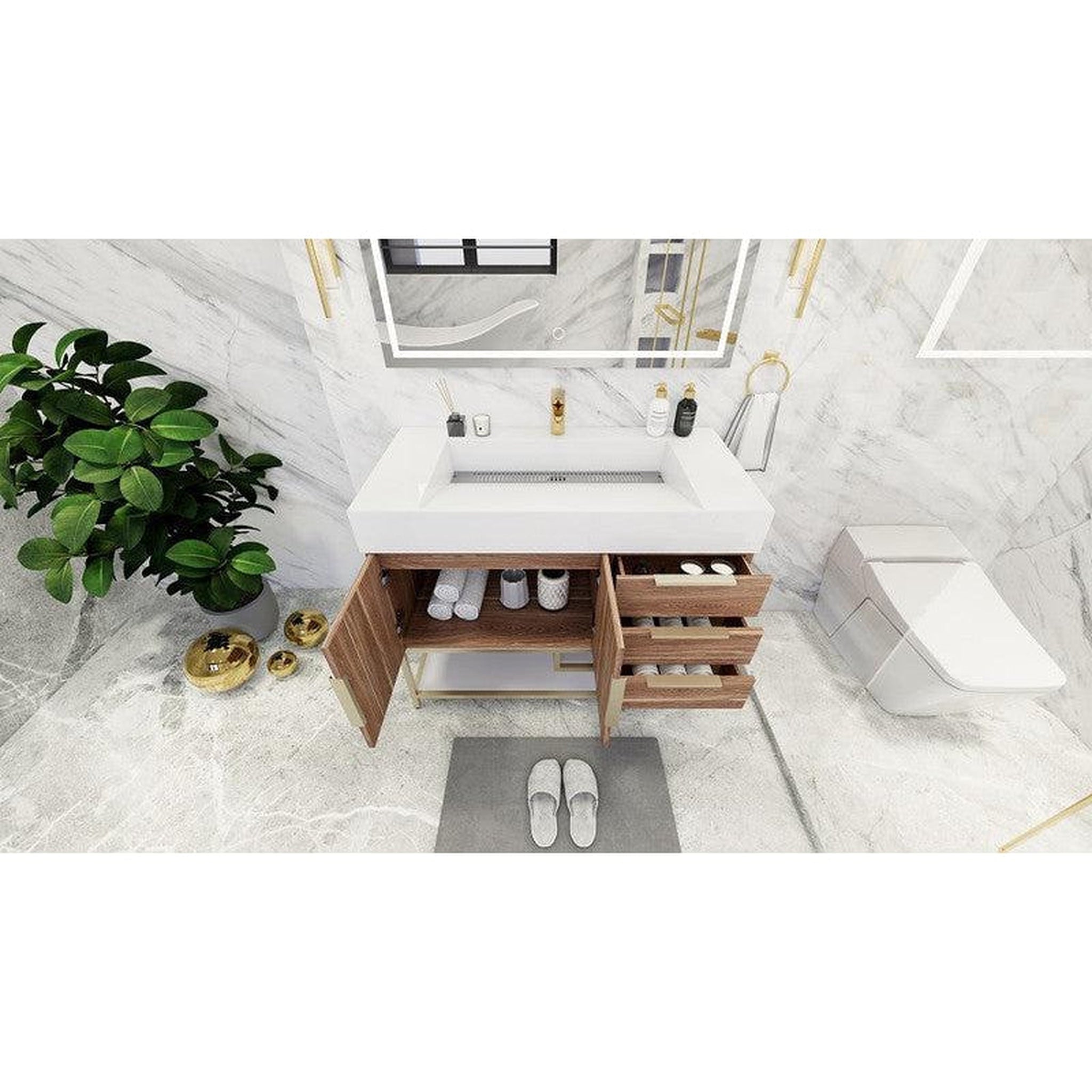 Elara 42&quot; White Oak Freestanding Vanity With Right Side Drawers and Single Reinforced White Acrylic Sink