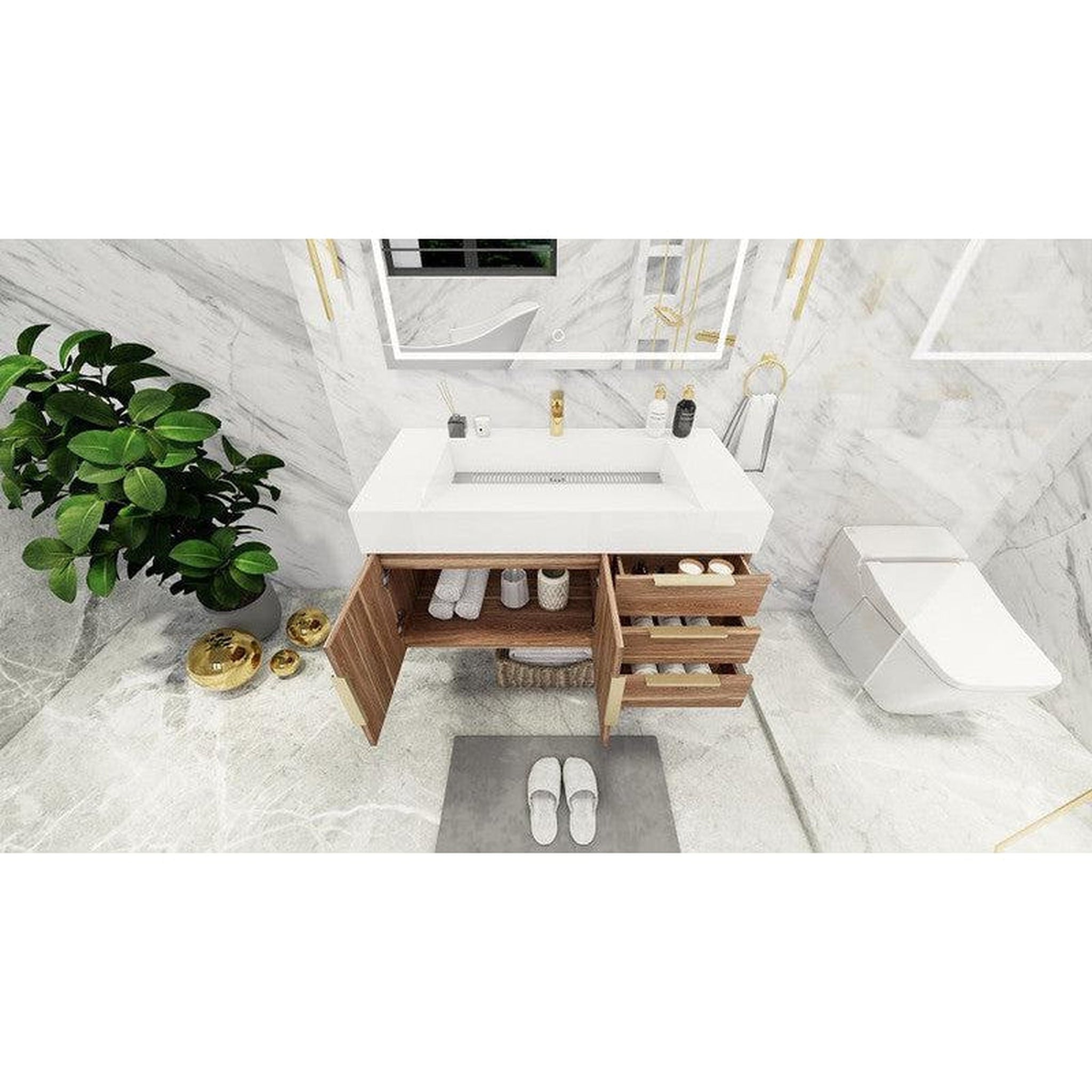 Elara 42&quot; White Oak Wall-Mounted Vanity With Right Side Drawers and Single Reinforced White Acrylic Sink