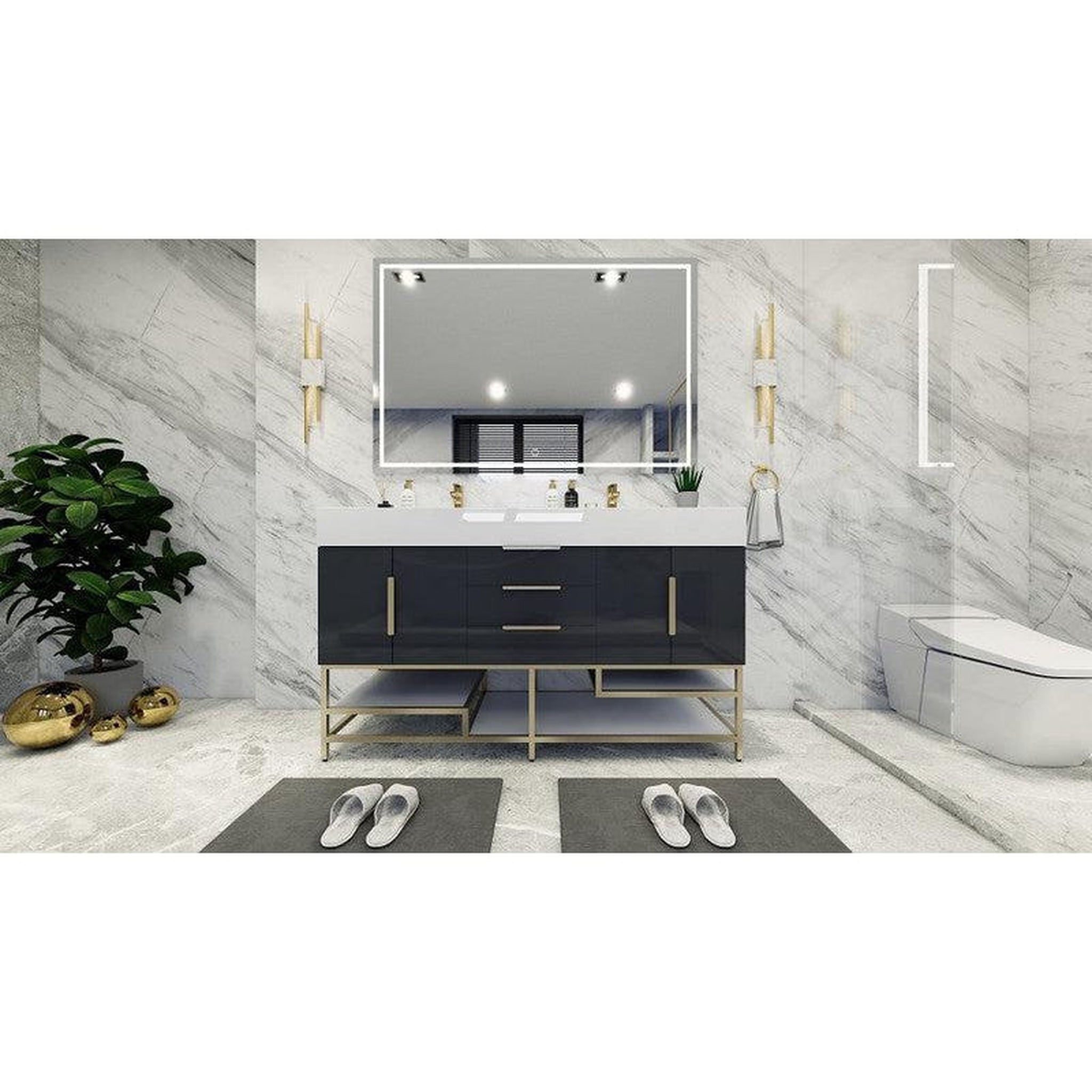 Elara 60&quot; High Gloss Gray Freestanding Vanity With Double Reinforced White Acrylic Sinks