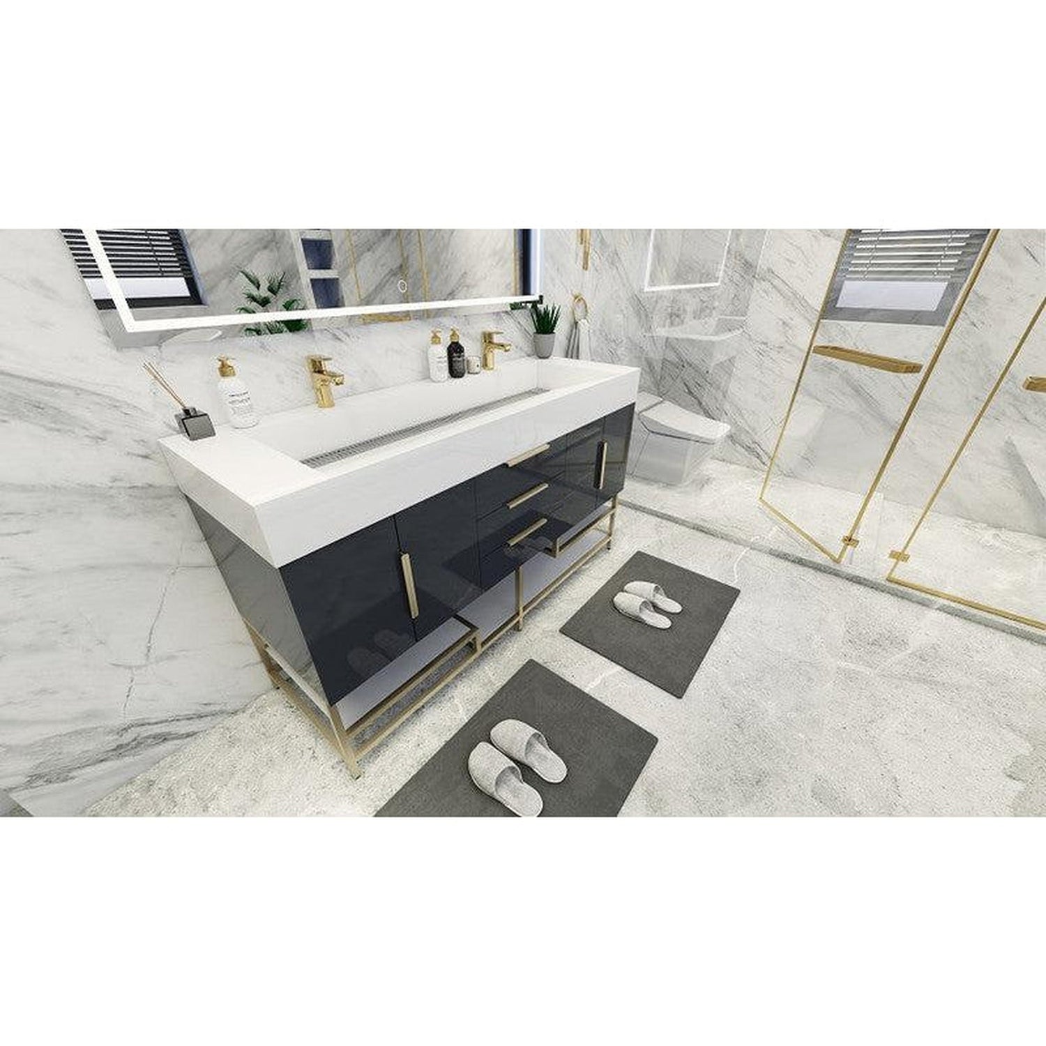 Elara 60&quot; High Gloss Gray Freestanding Vanity With Double Reinforced White Acrylic Sinks