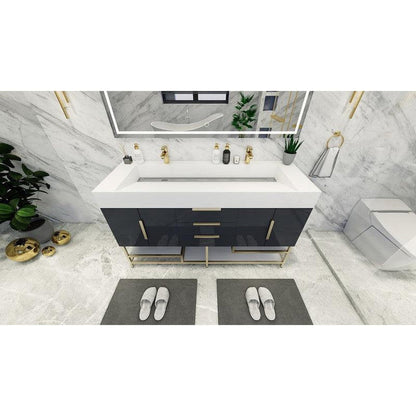 Elara 60&quot; High Gloss Gray Freestanding Vanity With Double Reinforced White Acrylic Sinks