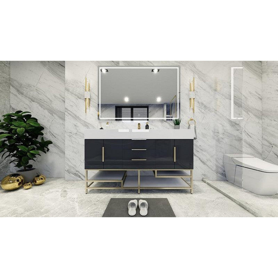 Elara 60&quot; High Gloss Gray Freestanding Vanity With Single Reinforced White Acrylic Sink