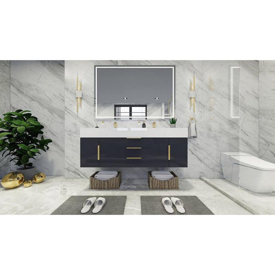 Elara 60&quot; High Gloss Gray Wall-Mounted Vanity With Double Reinforced White Acrylic Sinks