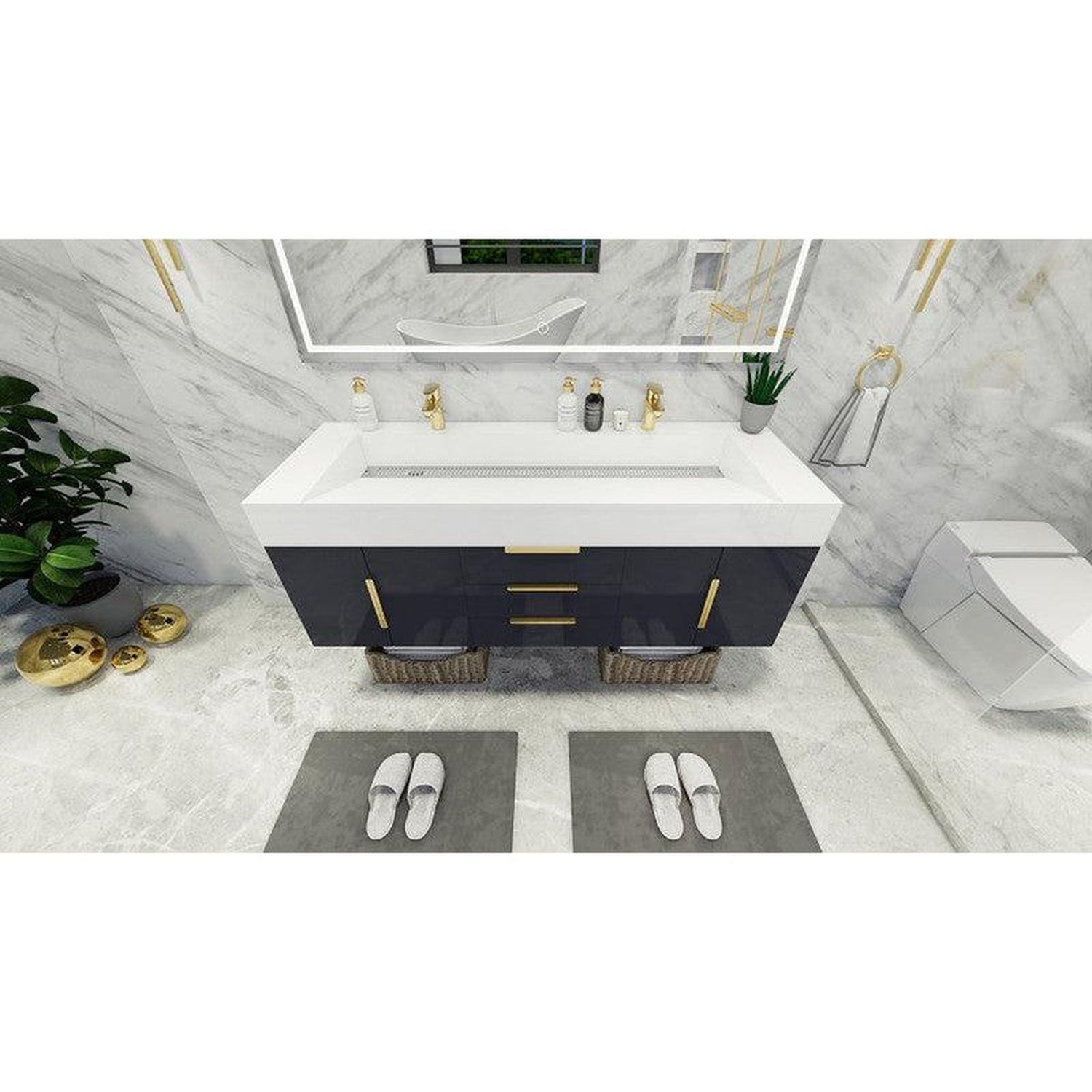 Elara 60&quot; High Gloss Gray Wall-Mounted Vanity With Double Reinforced White Acrylic Sinks