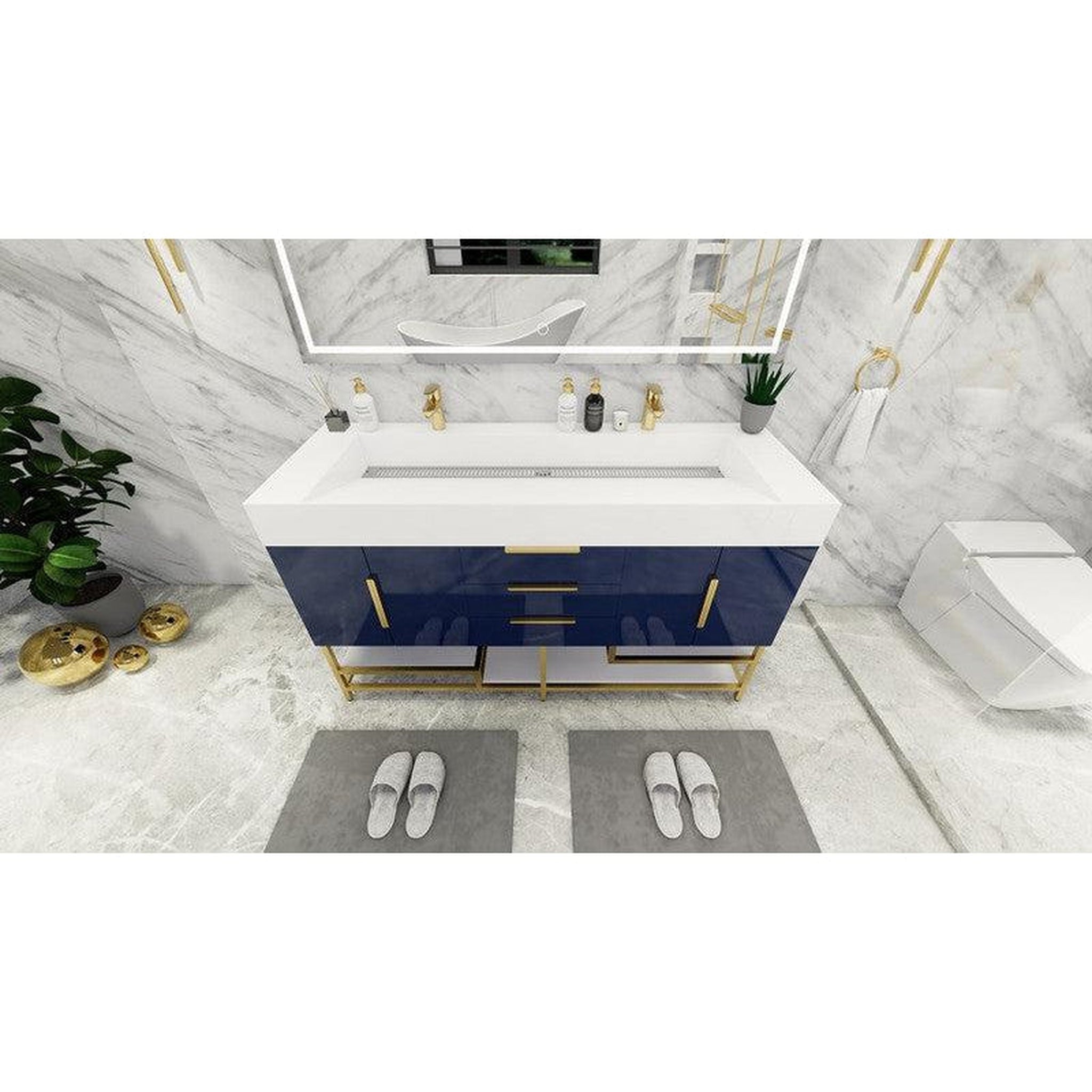 Elara 60&quot; High Gloss Night Blue Freestanding Vanity With Double Reinforced White Acrylic Sinks