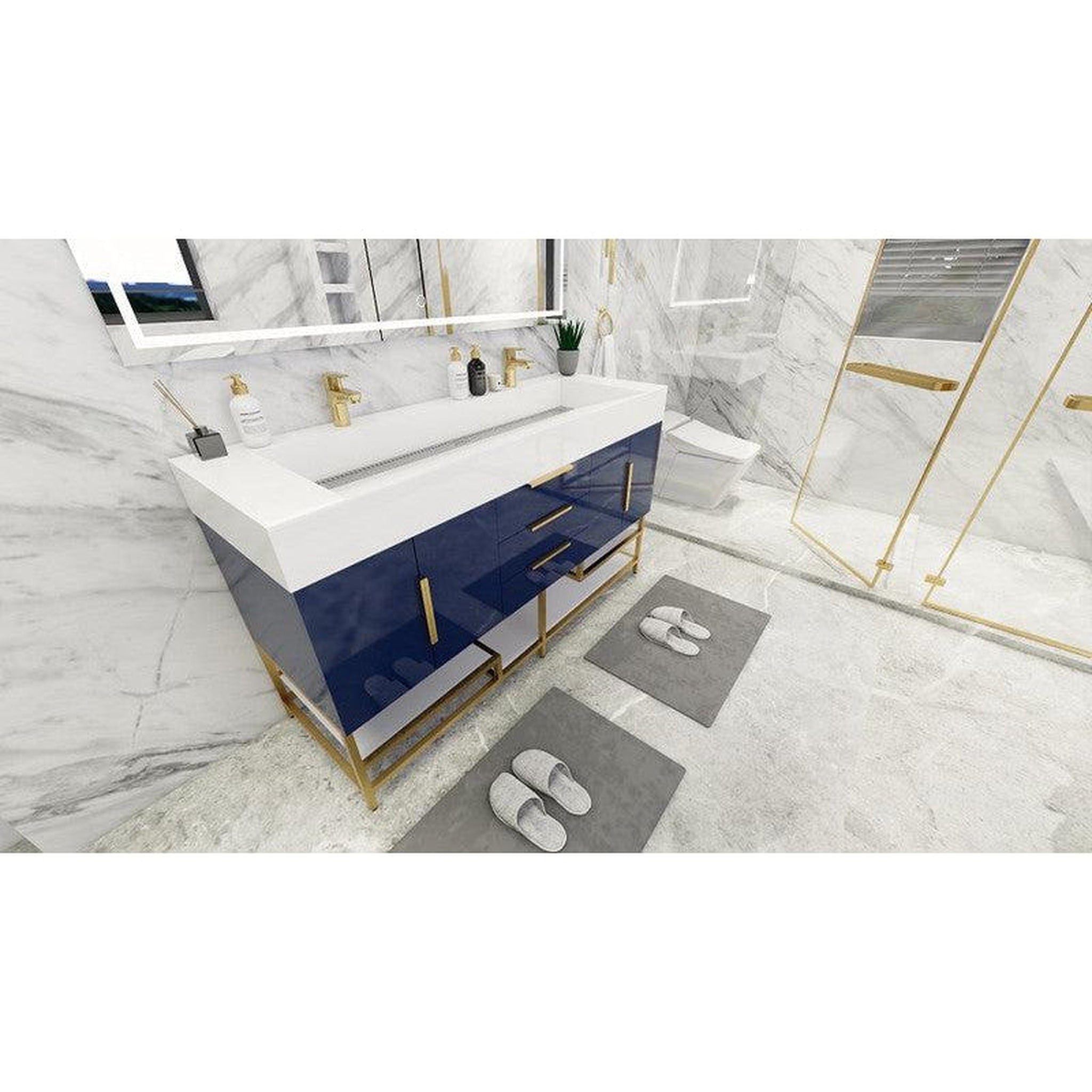 Elara 60&quot; High Gloss Night Blue Freestanding Vanity With Double Reinforced White Acrylic Sinks