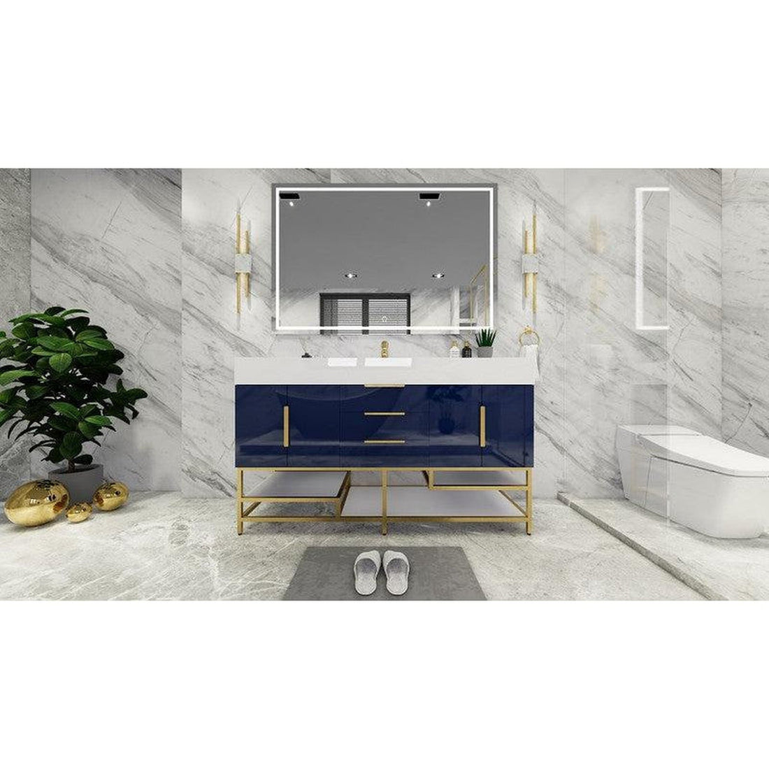 Elara 60&quot; High Gloss Night Blue Freestanding Vanity With Single Reinforced White Acrylic Sink