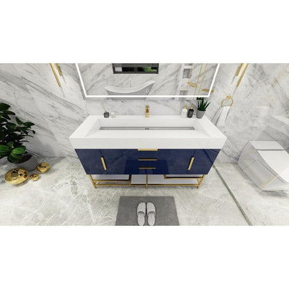 Elara 60&quot; High Gloss Night Blue Freestanding Vanity With Single Reinforced White Acrylic Sink