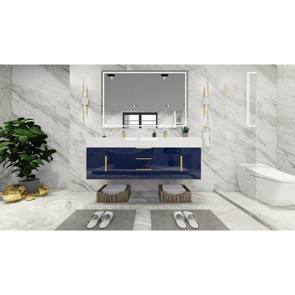 Elara 60&quot; High Gloss Night Blue Wall-Mounted Vanity With Double Reinforced White Acrylic Sinks