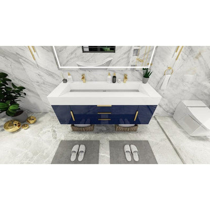 Elara 60&quot; High Gloss Night Blue Wall-Mounted Vanity With Double Reinforced White Acrylic Sinks