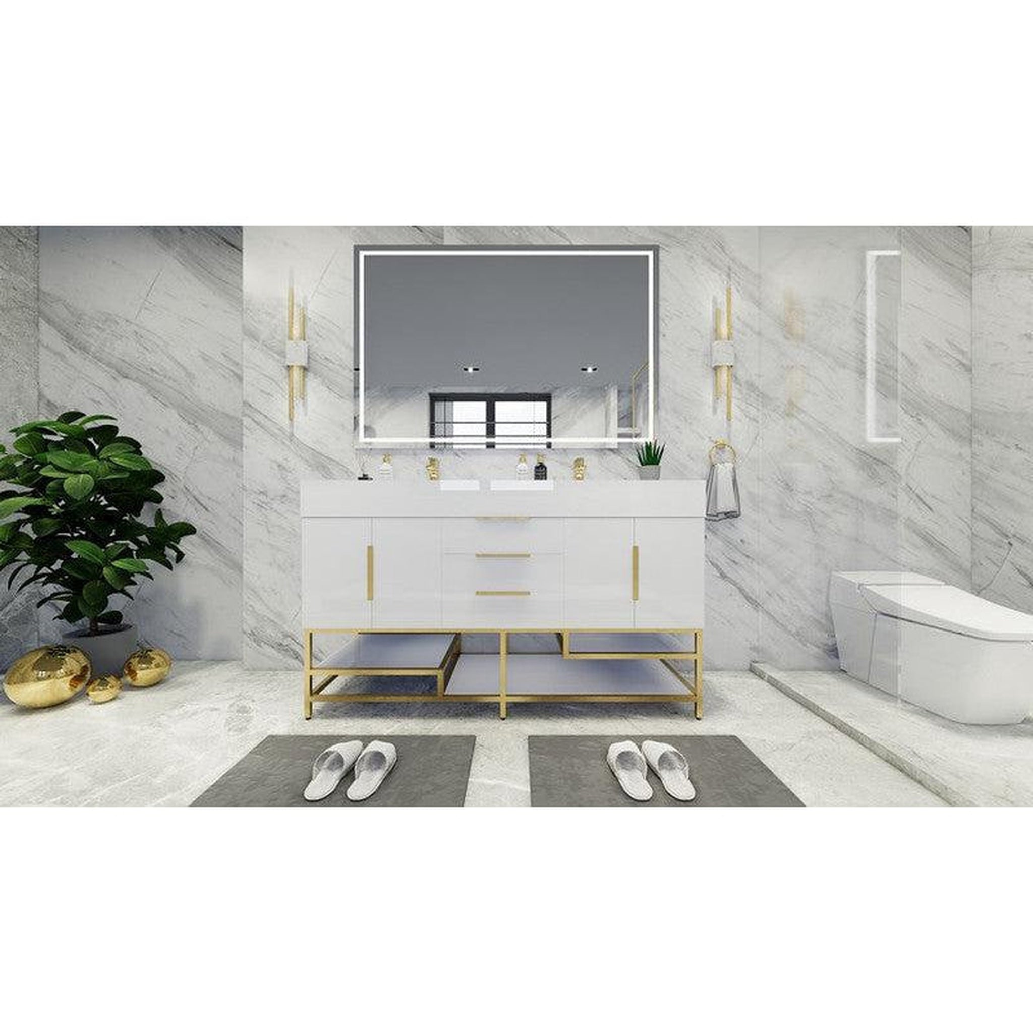 Elara 60&quot; High Gloss White Freestanding Vanity With Double Reinforced White Acrylic Sinks