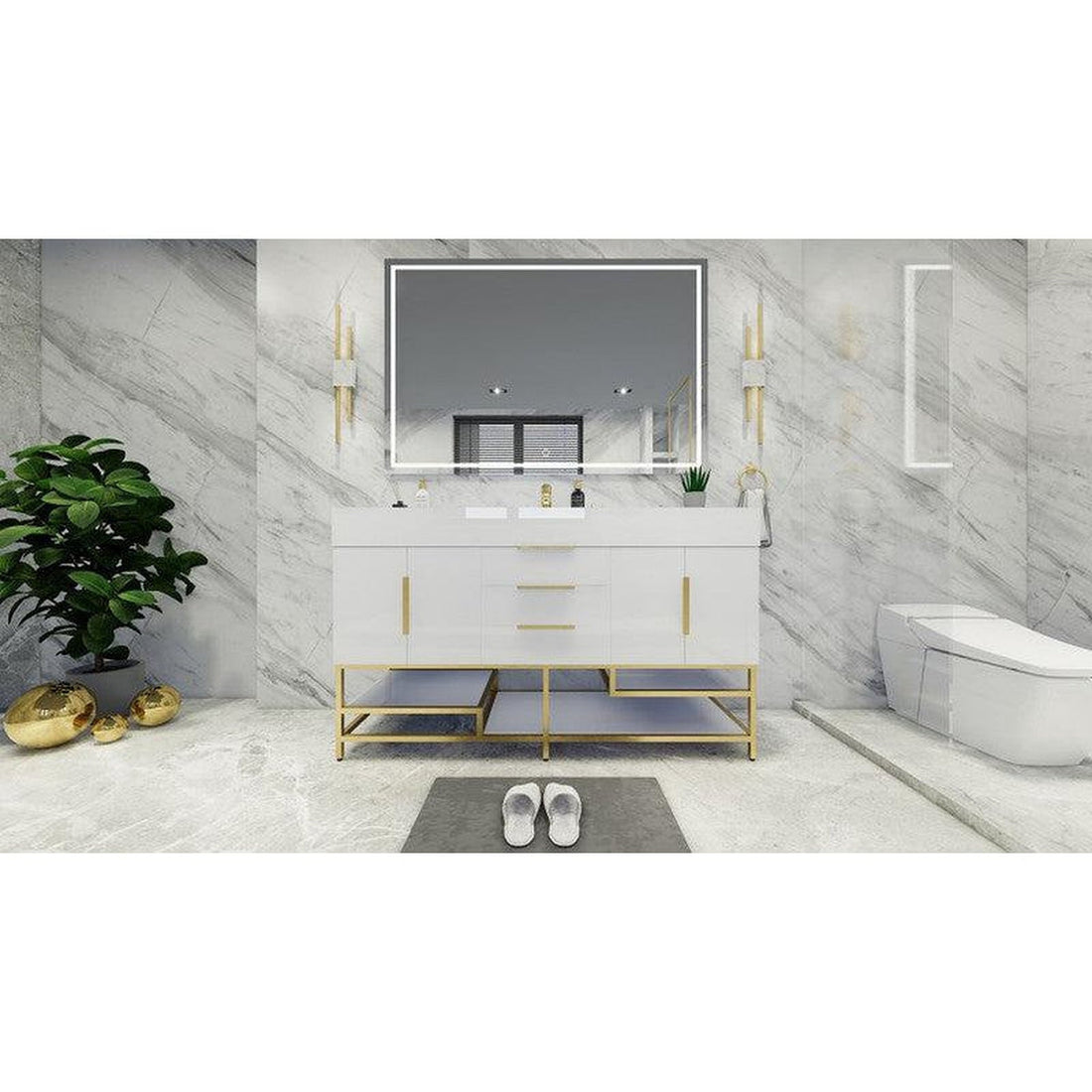 Elara 60&quot; High Gloss White Freestanding Vanity With Single Reinforced White Acrylic Sink