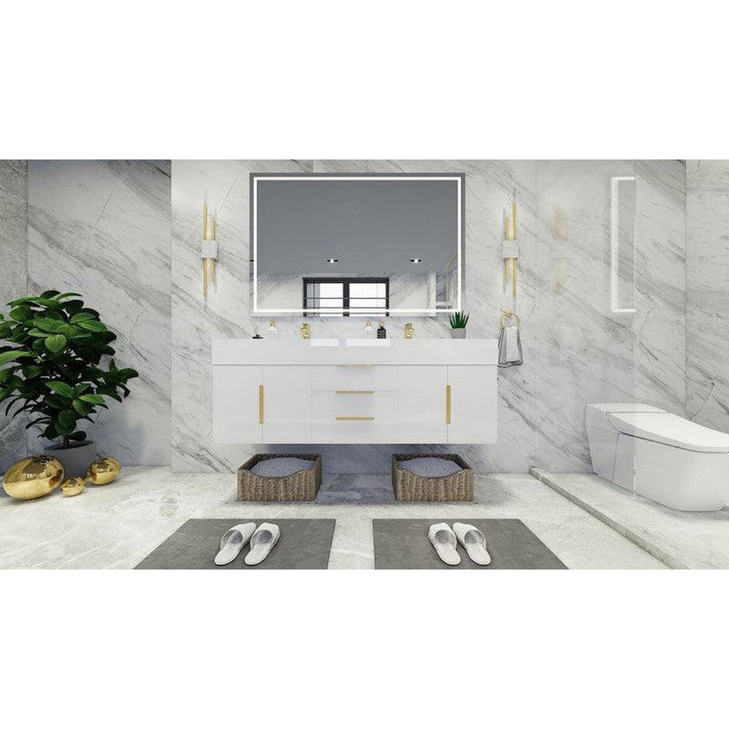 Elara 60&quot; High Gloss White Wall-Mounted Vanity With Double Reinforced White Acrylic Sinks