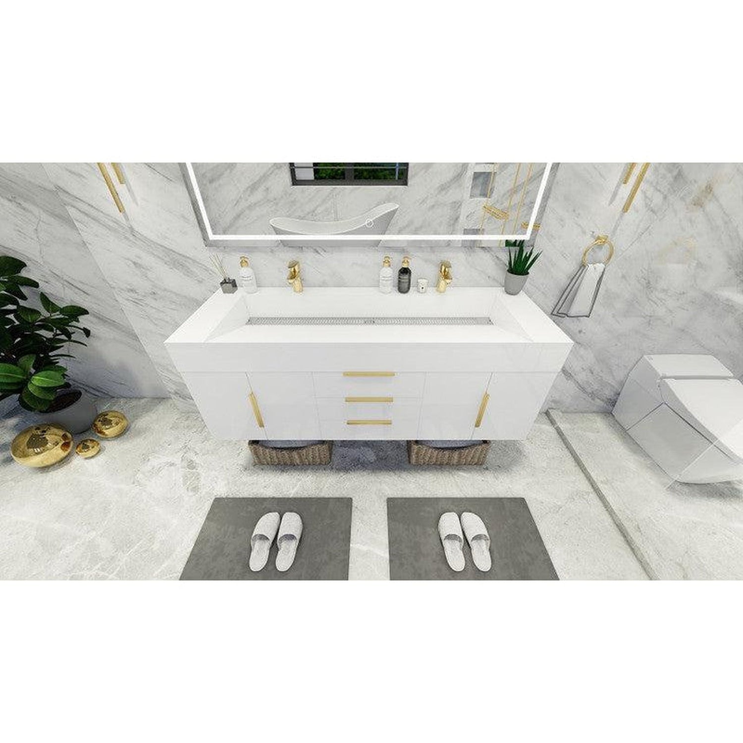 Elara 60&quot; High Gloss White Wall-Mounted Vanity With Double Reinforced White Acrylic Sinks