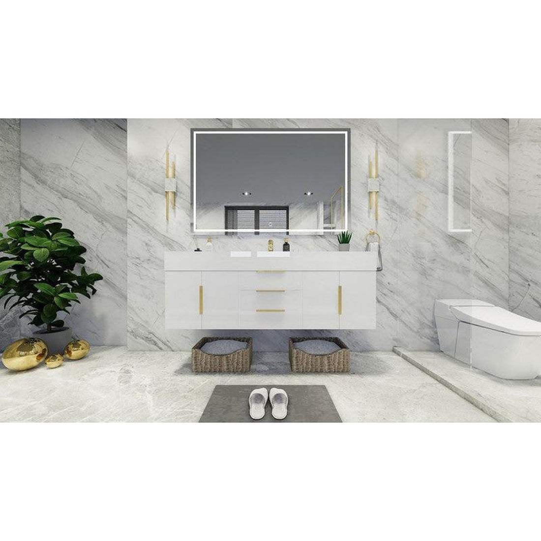 Elara 60&quot; High Gloss White Wall-Mounted Vanity With Single Reinforced White Acrylic Sink