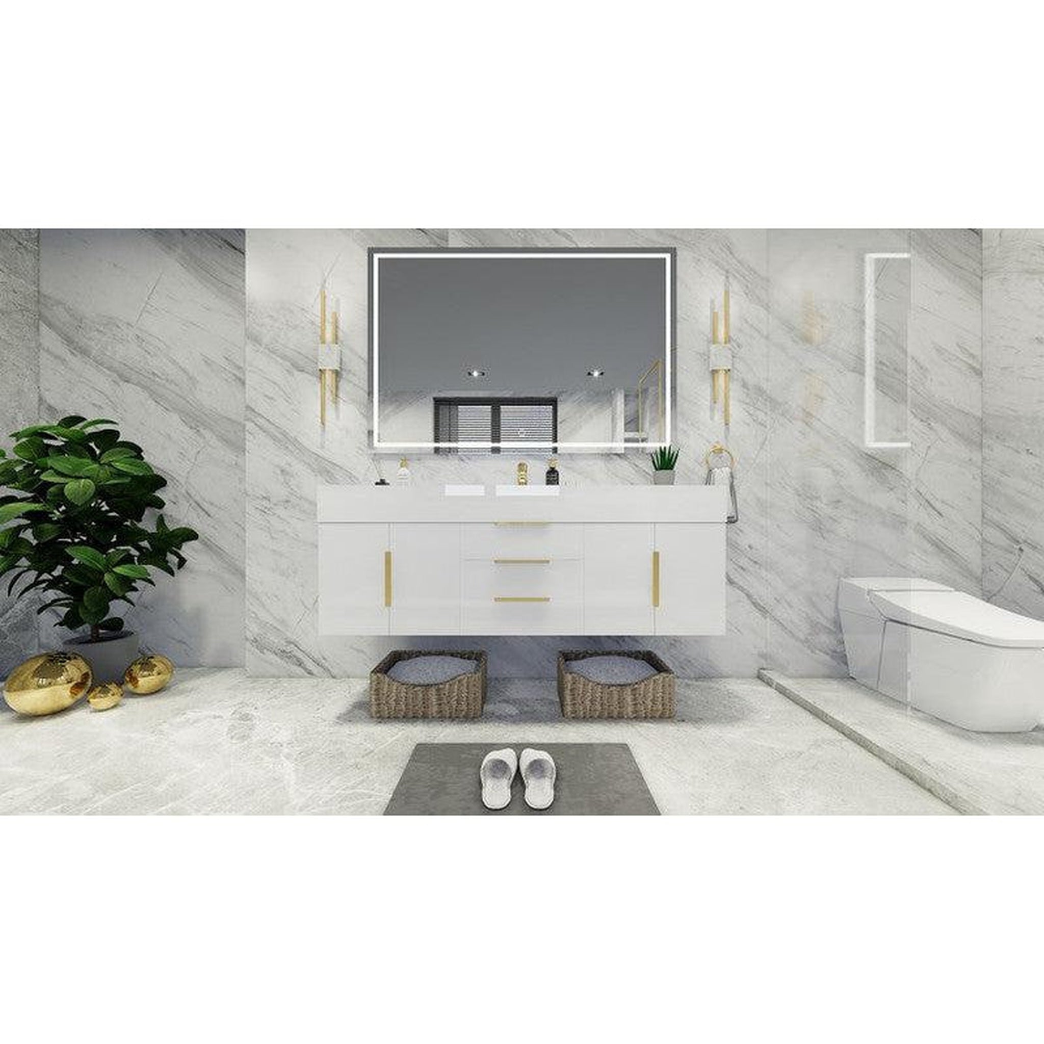 Elara 60&quot; High Gloss White Wall-Mounted Vanity With Single Reinforced White Acrylic Sink