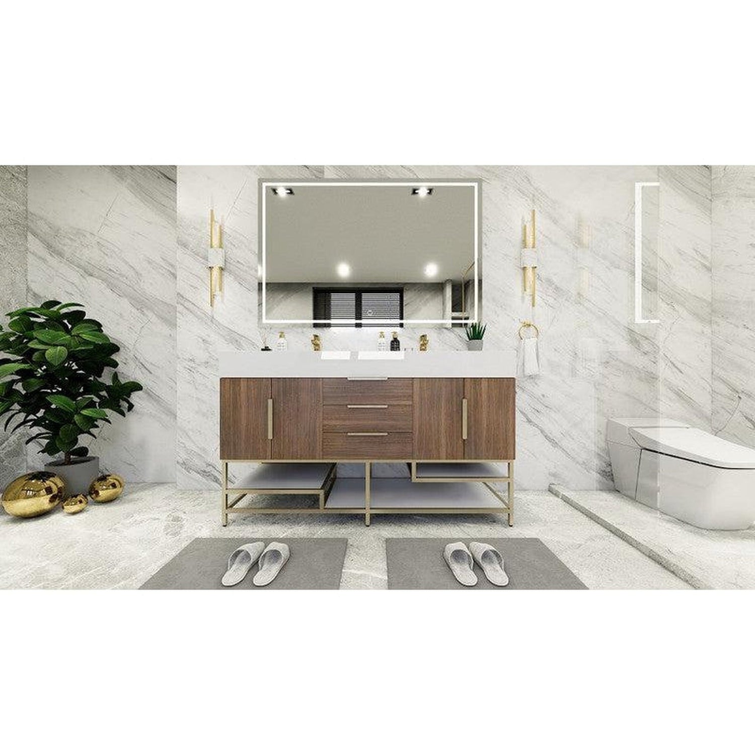 Elara 60&quot; Rosewood Freestanding Vanity With Double Reinforced White Acrylic Sinks