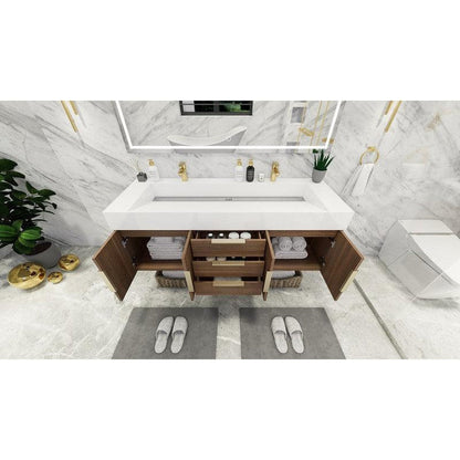 Elara 60&quot; Rosewood Wall-Mounted Vanity With Double Reinforced White Acrylic Sinks