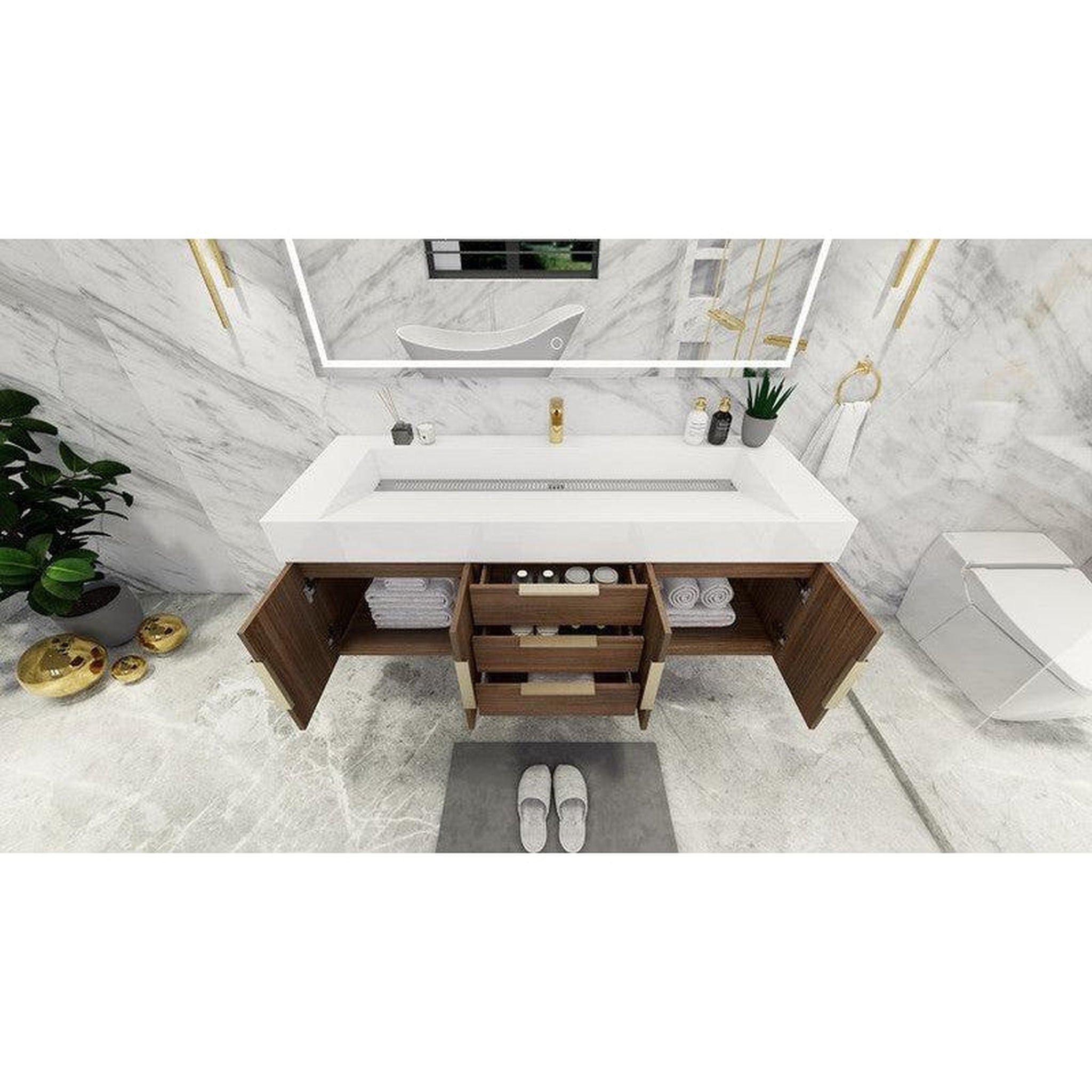 Elara 60&quot; Rosewood Wall-Mounted Vanity With Single Reinforced White Acrylic Sink