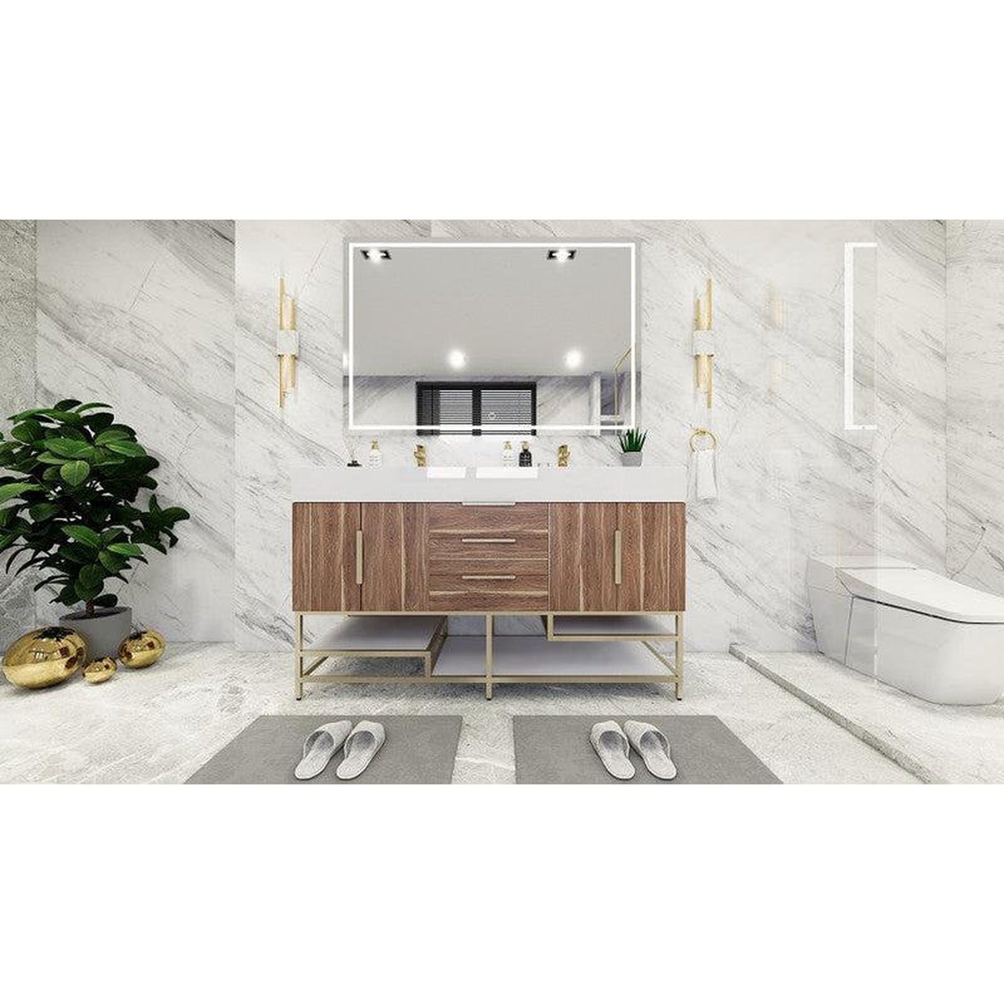 Elara 60&quot; White Oak Freestanding Vanity With Double Reinforced White Acrylic Sinks