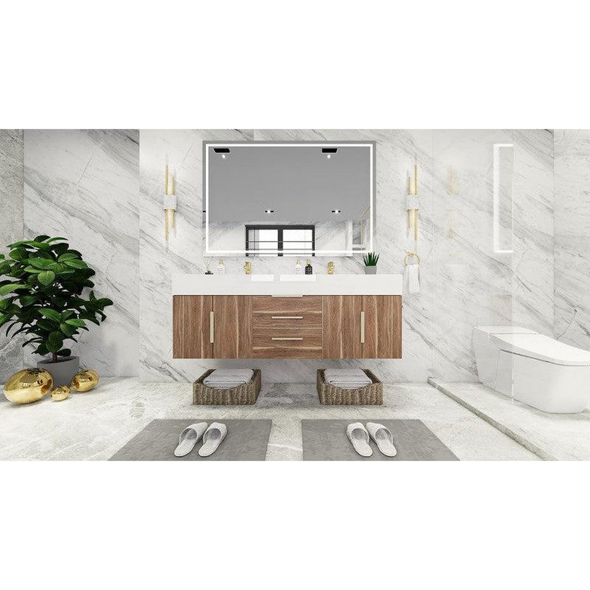 Elara 60&quot; White Oak Wall-Mounted Vanity With Double Reinforced White Acrylic Sinks