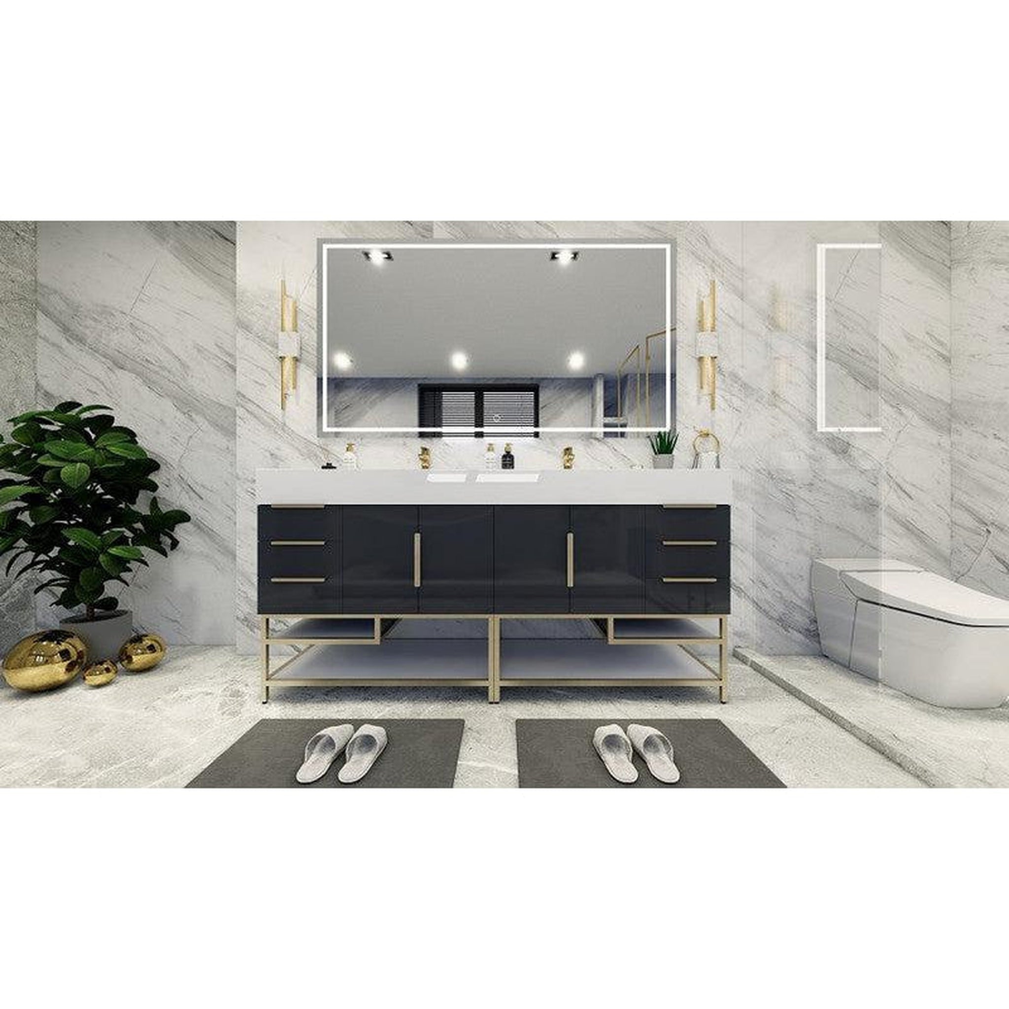 Elara 72&quot; High Gloss Gray Freestanding Vanity With Double Reinforced White Acrylic Sinks