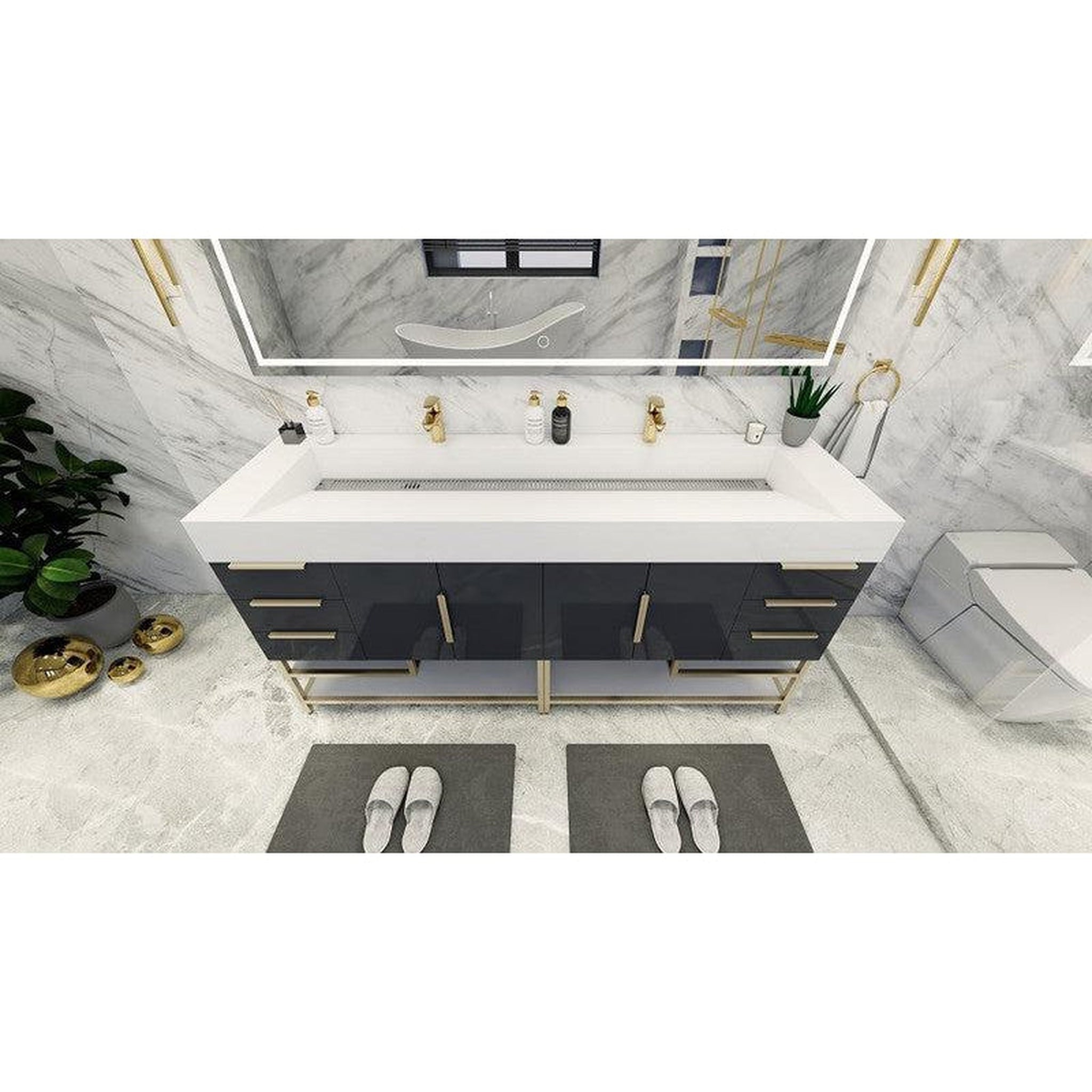 Elara 72&quot; High Gloss Gray Freestanding Vanity With Double Reinforced White Acrylic Sinks