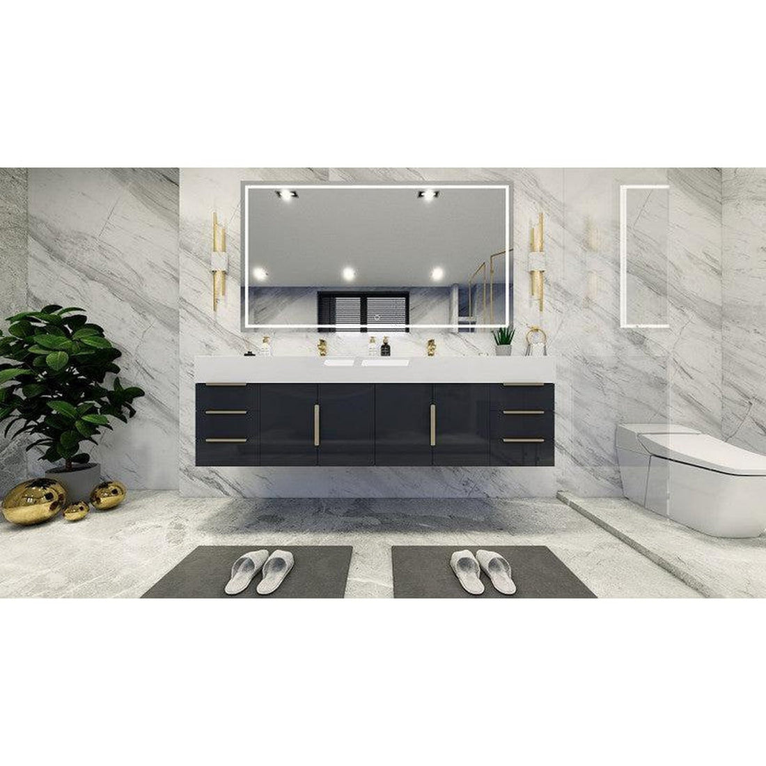 Elara 72&quot; High Gloss Gray Wall-Mounted Vanity With Double Reinforced White Acrylic Sinks