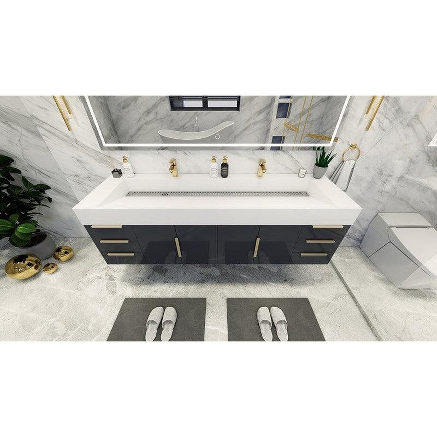 Elara 72&quot; High Gloss Gray Wall-Mounted Vanity With Double Reinforced White Acrylic Sinks