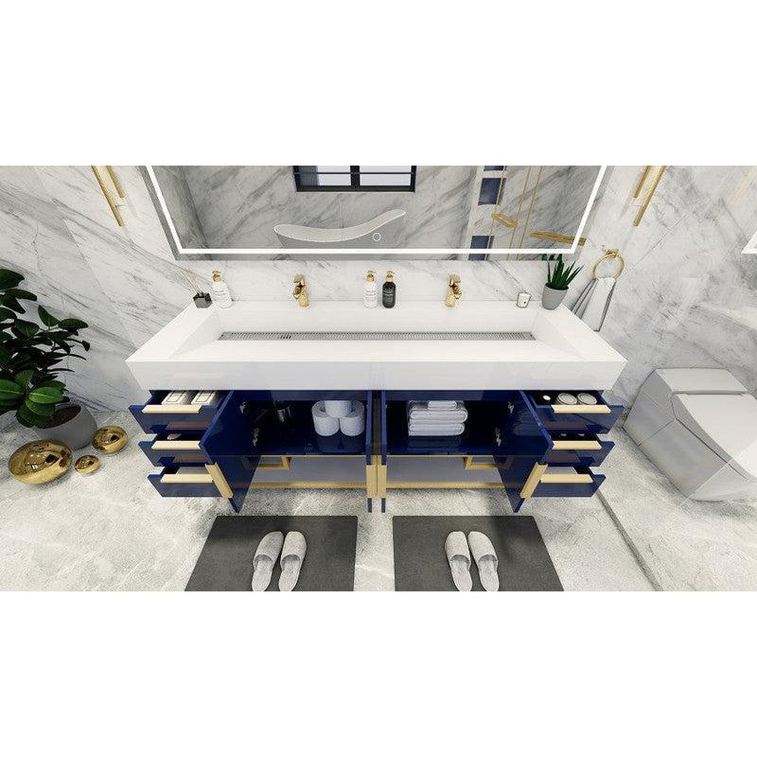 Elara 72&quot; High Gloss Night Blue Freestanding Vanity With Double Reinforced White Acrylic Sinks