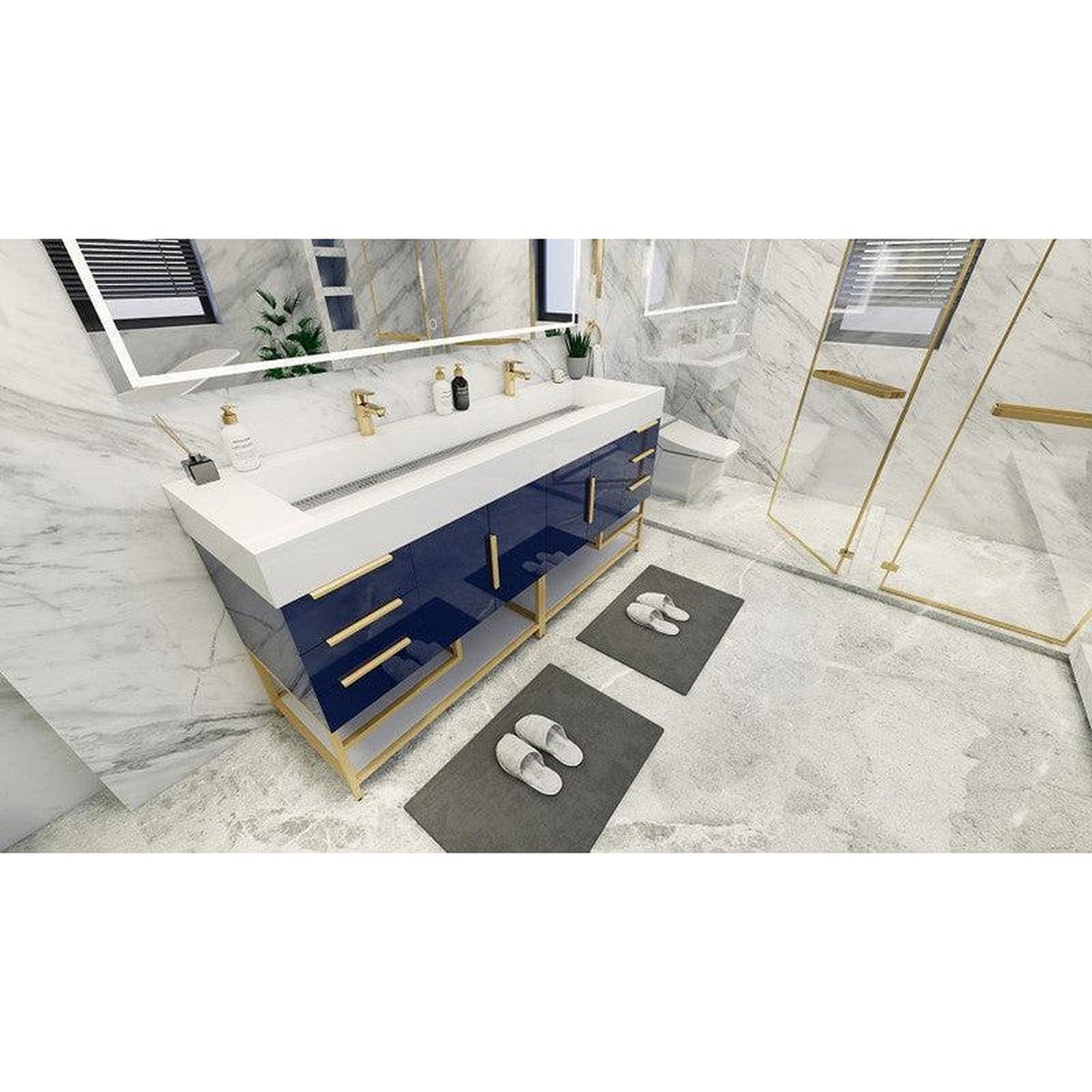 Elara 72&quot; High Gloss Night Blue Freestanding Vanity With Double Reinforced White Acrylic Sinks