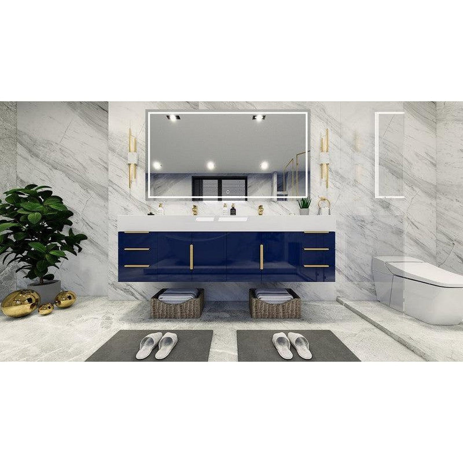 Elara 72&quot; High Gloss Night Blue Wall-Mounted Vanity With Double Reinforced White Acrylic Sinks