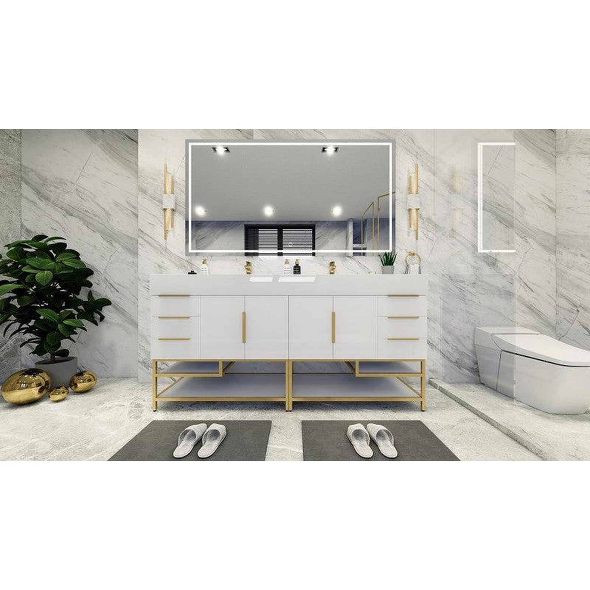 Elara 72&quot; High Gloss White Freestanding Vanity With Double Reinforced White Acrylic Sinks