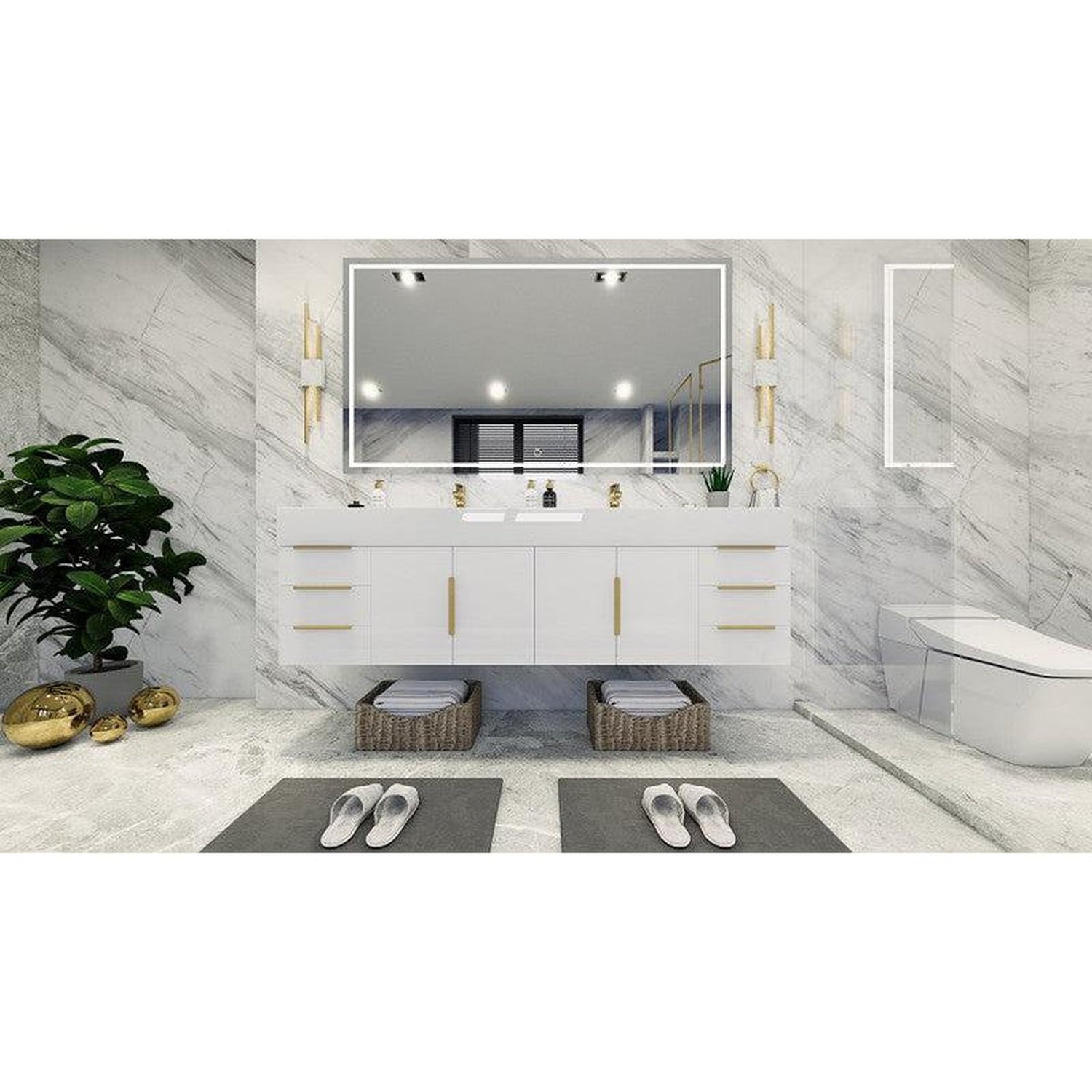 Elara 72&quot; High Gloss White Wall-Mounted Vanity With Double Reinforced White Acrylic Sinks