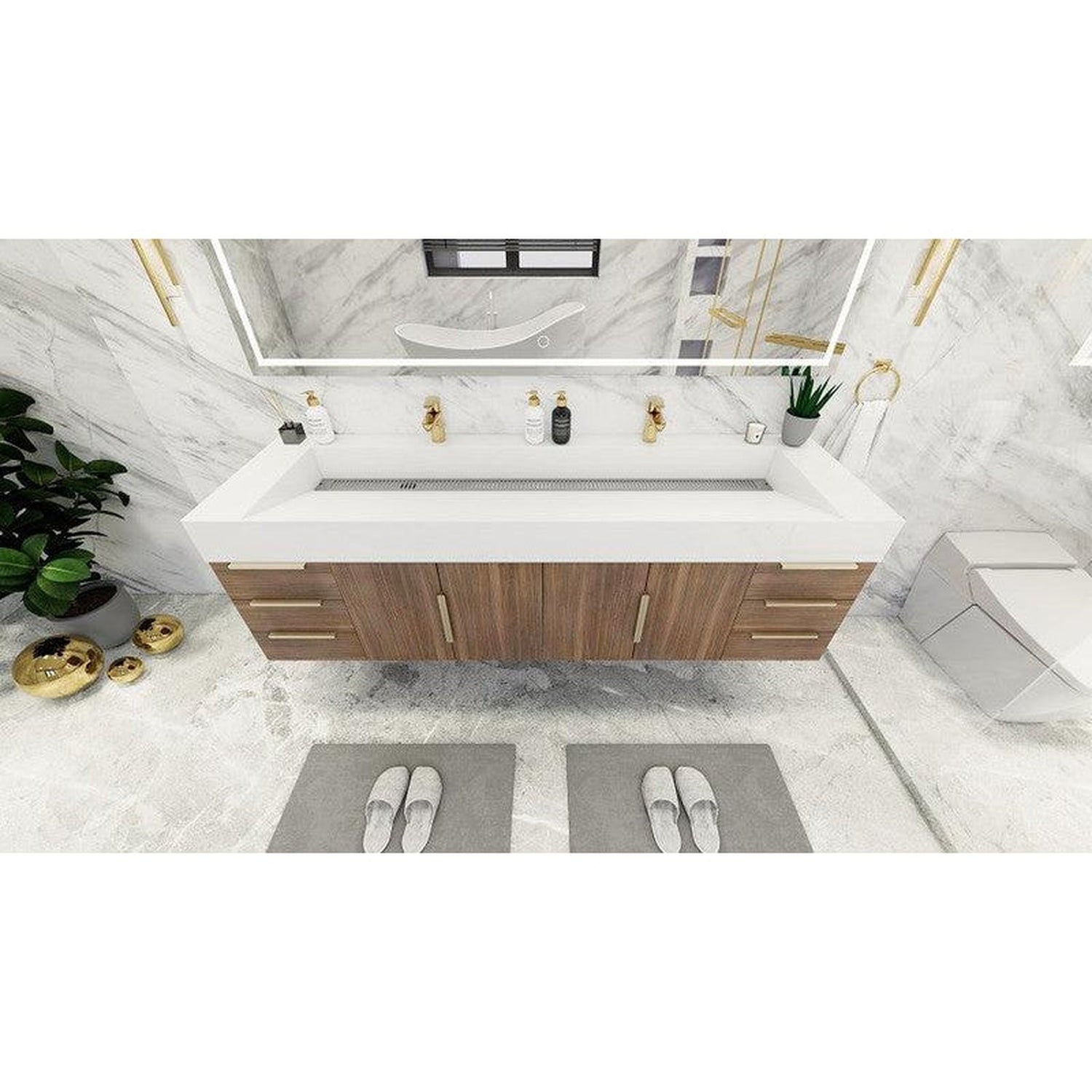 Elara 72&quot; Rosewood Wall-Mounted Vanity With Double Reinforced White Acrylic Sinks